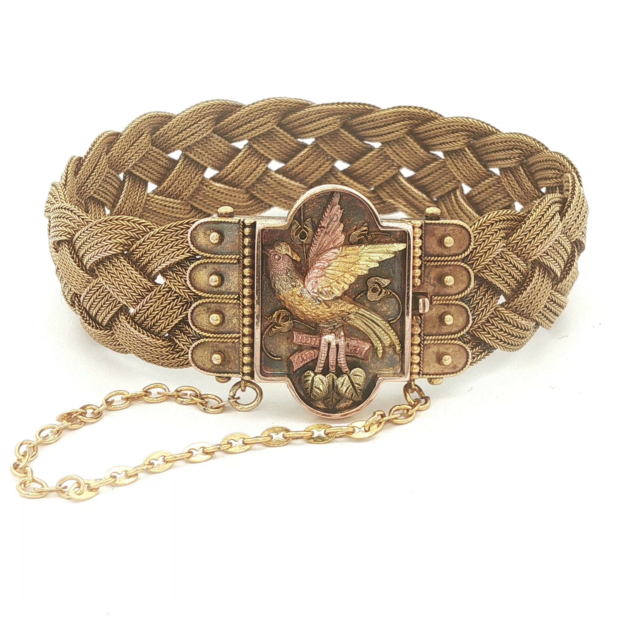 ESTATE Antique c. 1870 Victorian 18K Yellow Gold Woven Mesh Bird Motif Bracelet