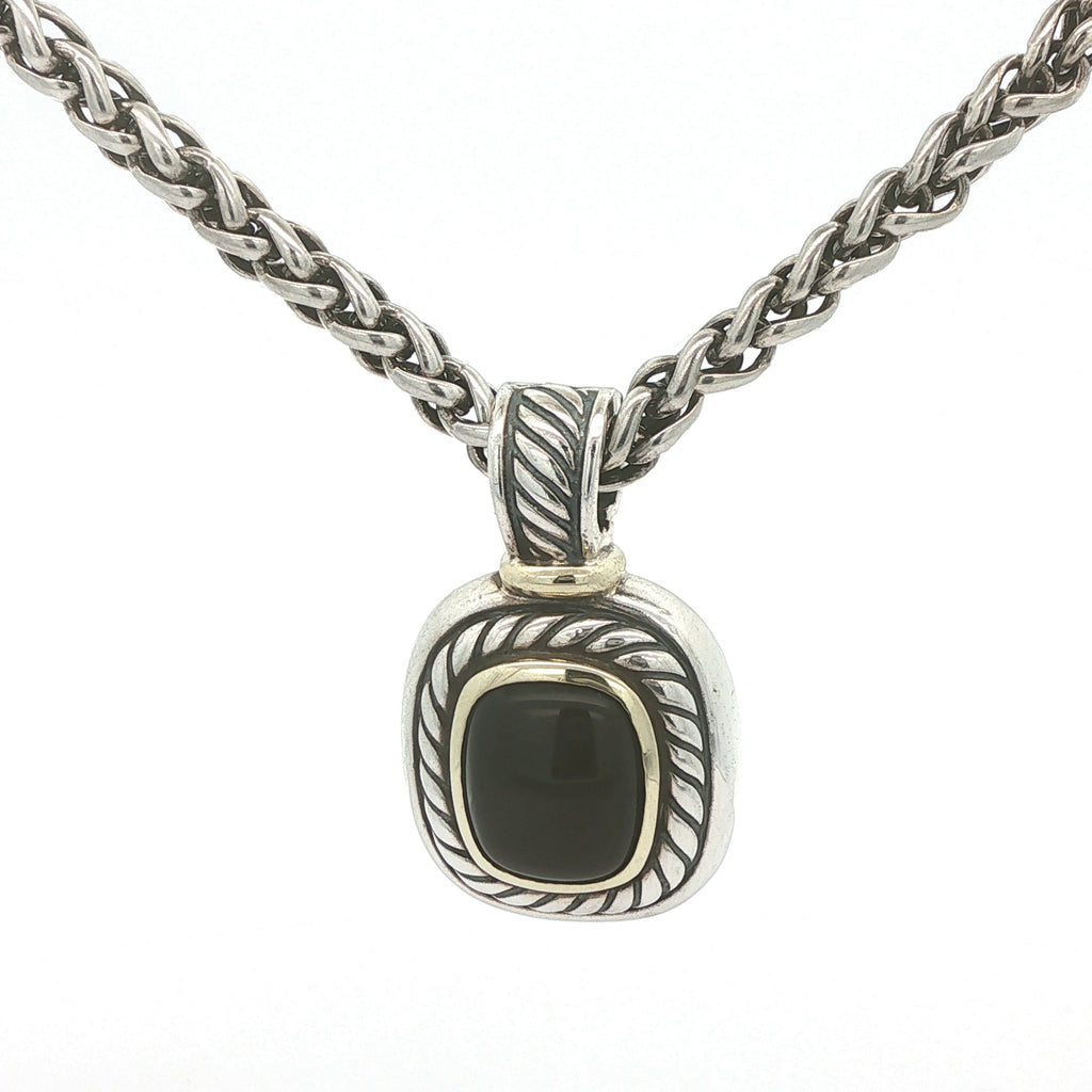 ESTATE David Yurman Albion Black Onyx Pendant & Sterling Silver Wheat Chain