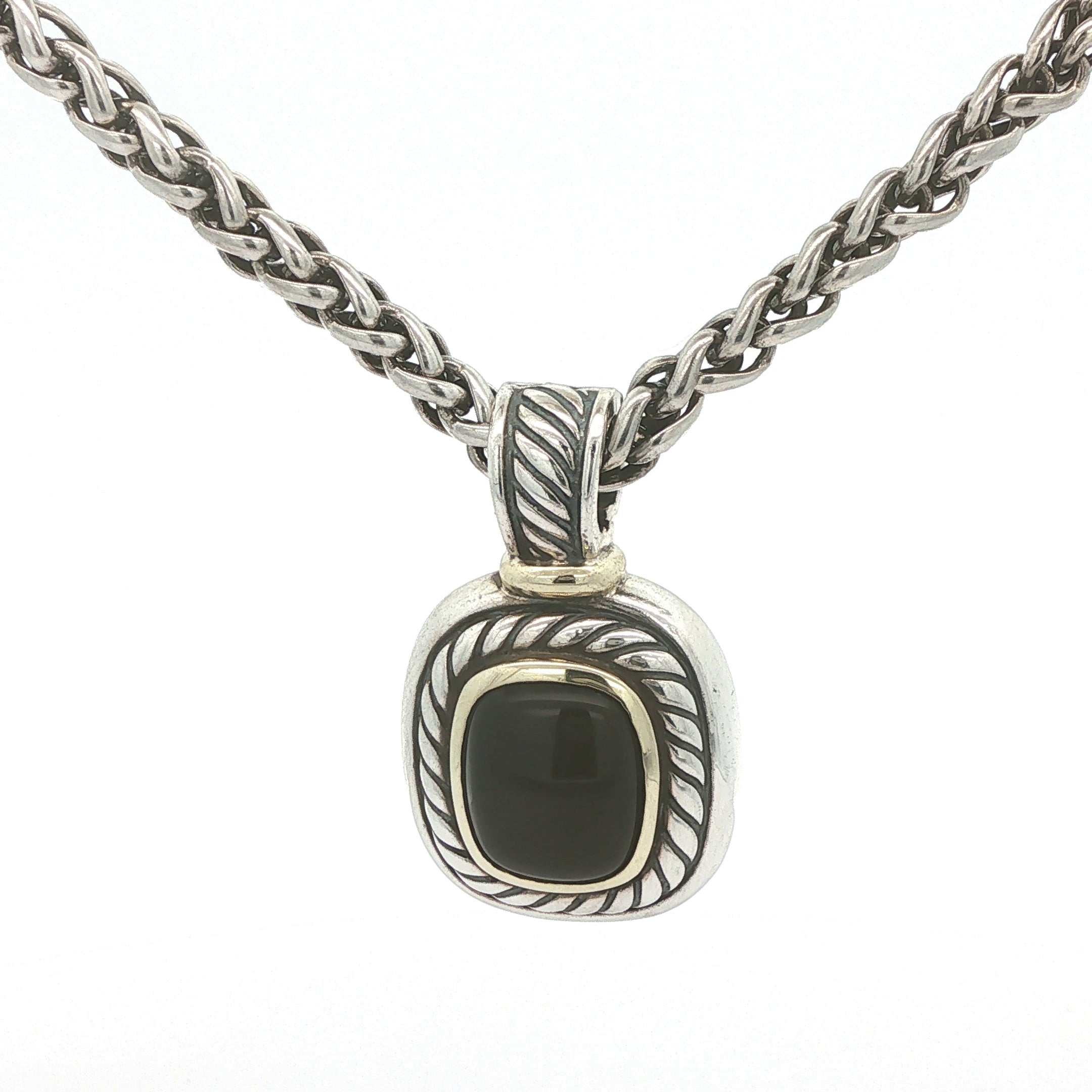 ESTATE David Yurman Albion Black Onyx Pendant & Sterling Silver Wheat Chain