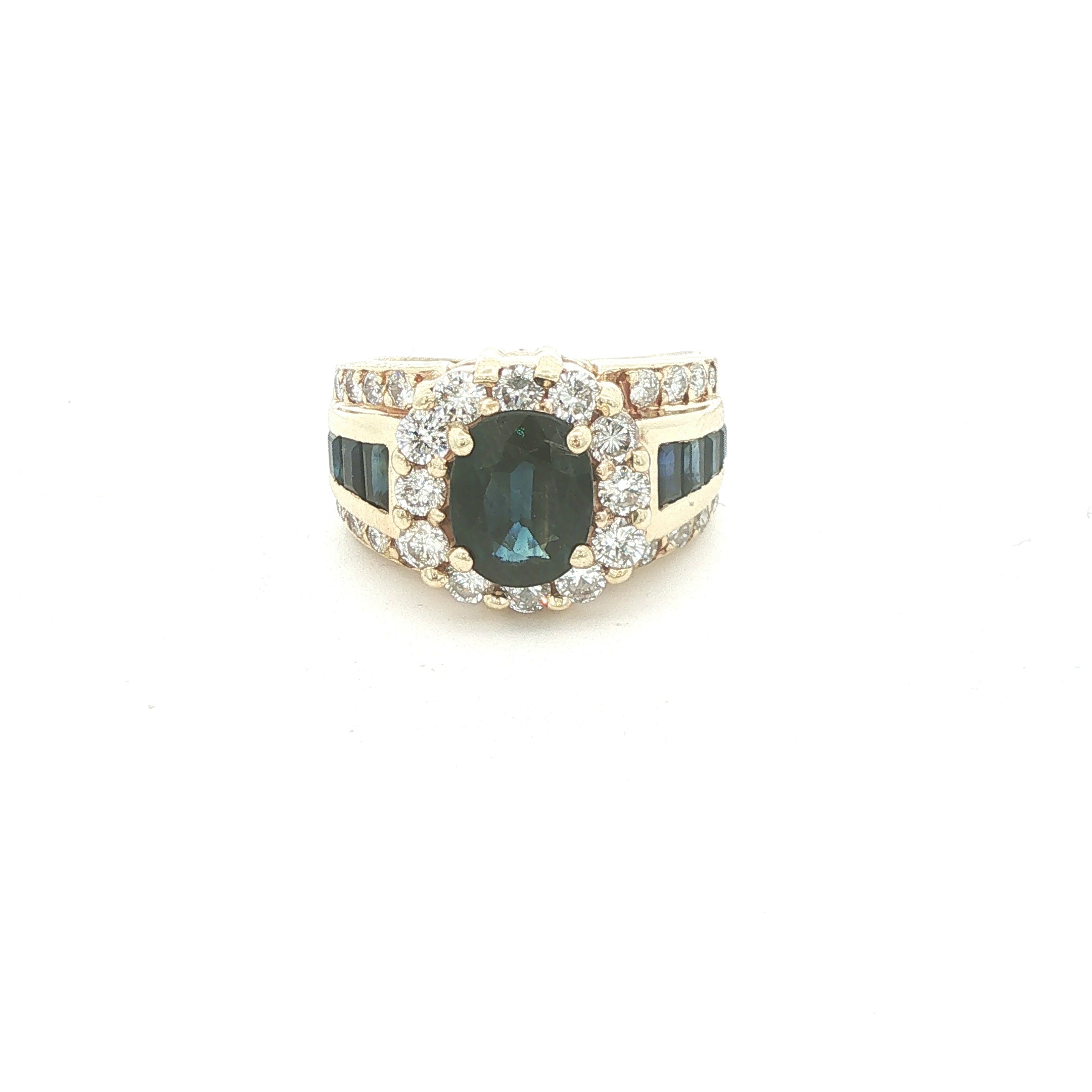VINTAGE 14K Yellow Gold 2.00 CTW Royal Blue Sapphire & Diamond Cocktail Ring