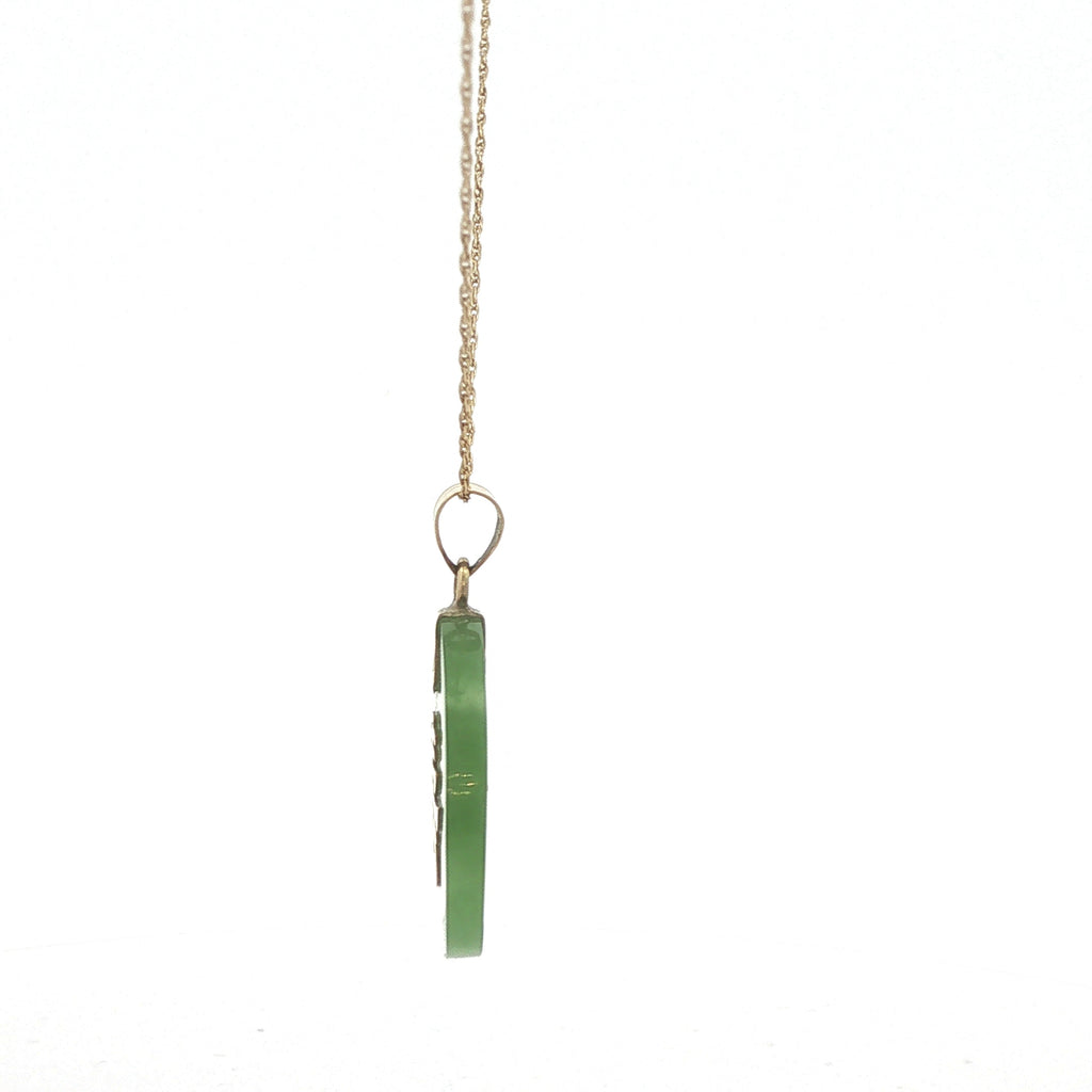 Estate 14K Yellow Gold Green Jade Shou Longevity Pendant Necklace 20 Inch
