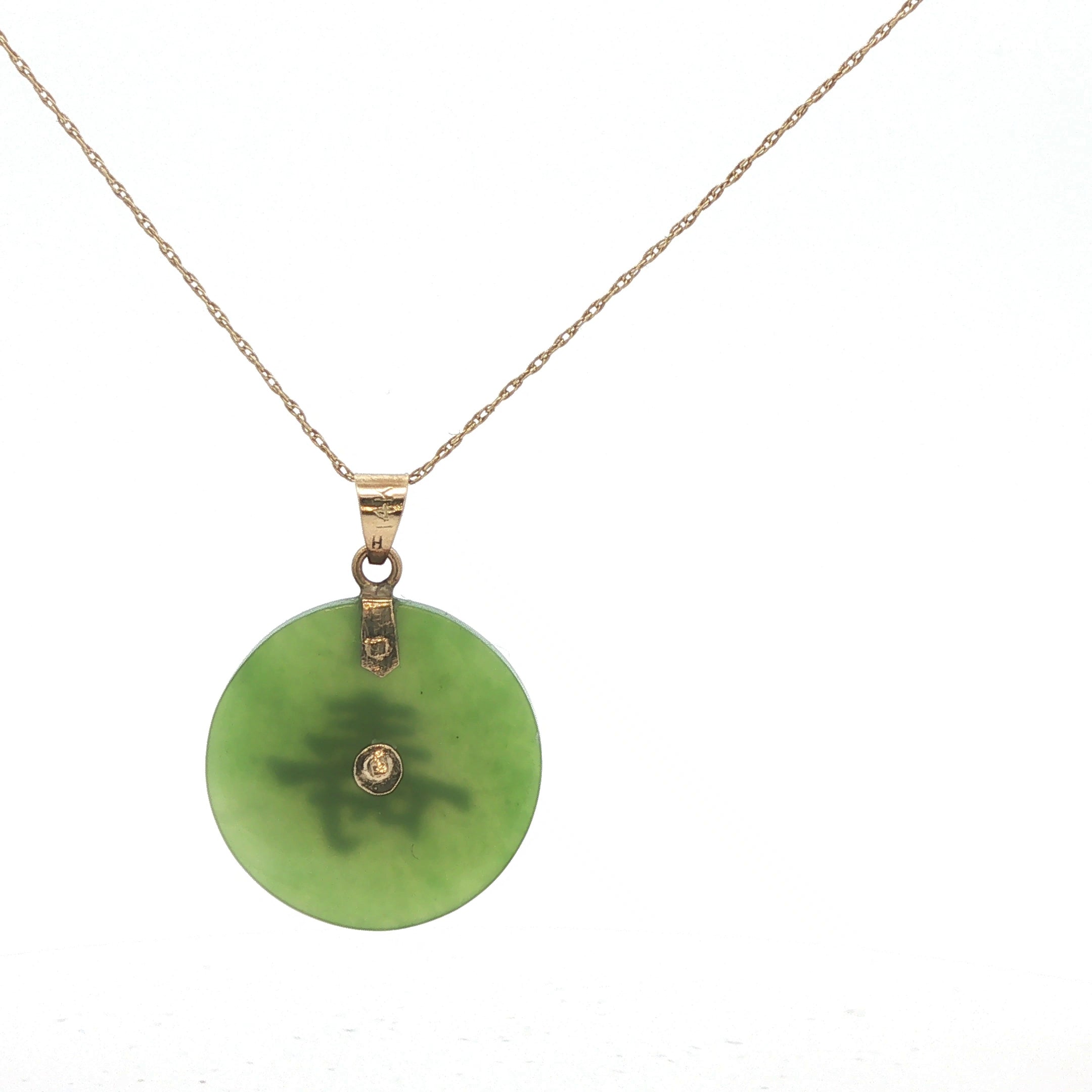 Estate 14K Yellow Gold Green Jade Shou Longevity Pendant Necklace 20 Inch