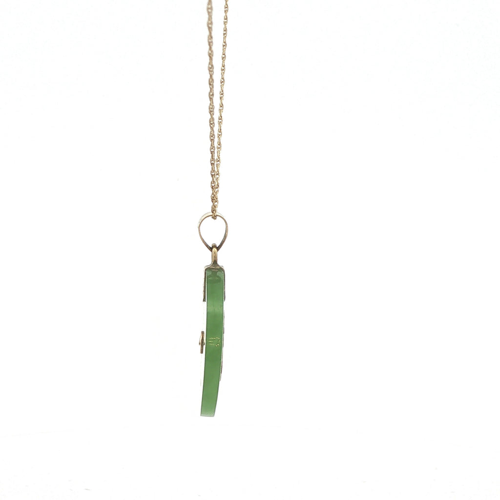 Estate 14K Yellow Gold Green Jade Shou Longevity Pendant Necklace 20 Inch