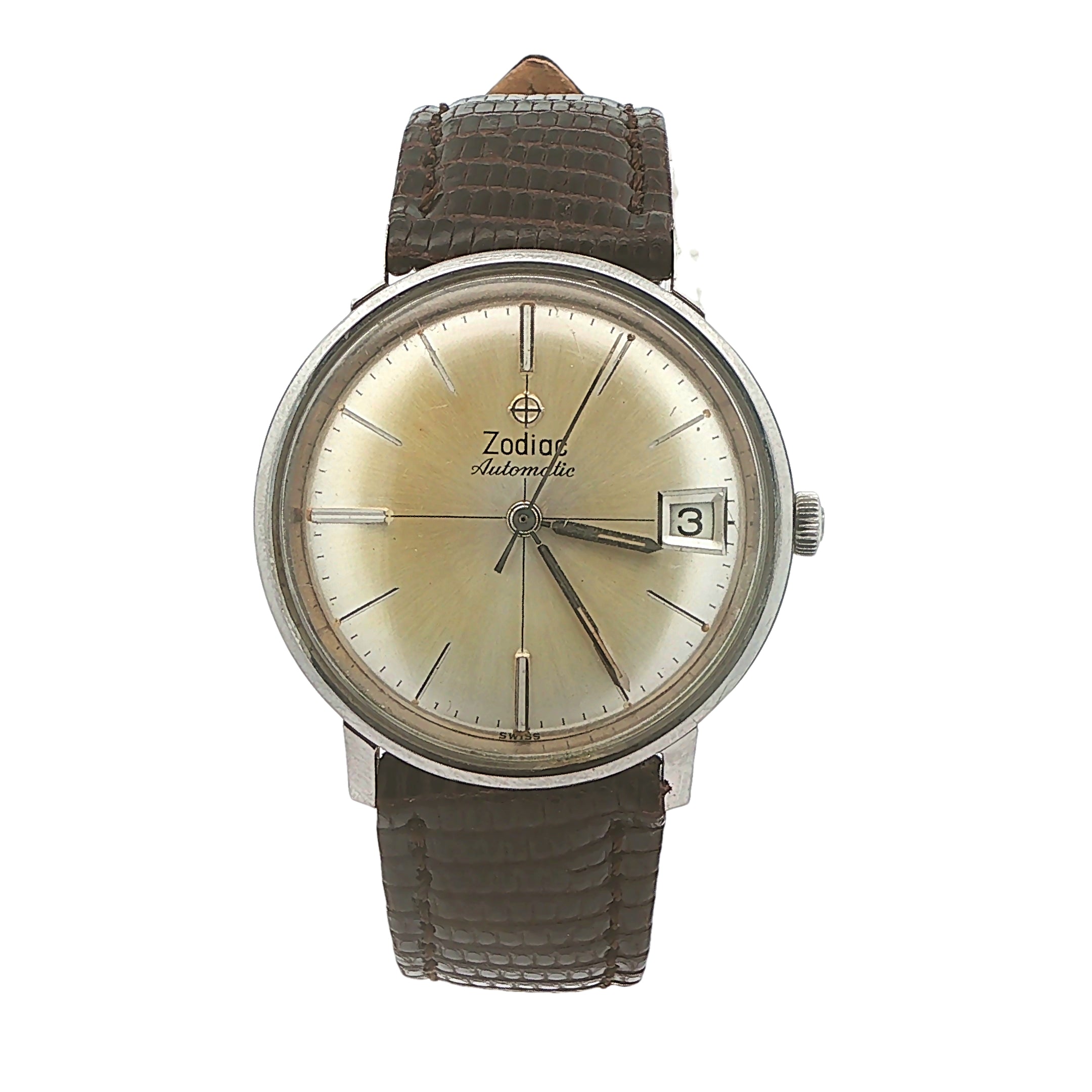 Vintage 1960s-1970s Zodiac Automatic Date Swiss Wristwatch 35mm Champagne Sunburst Dial