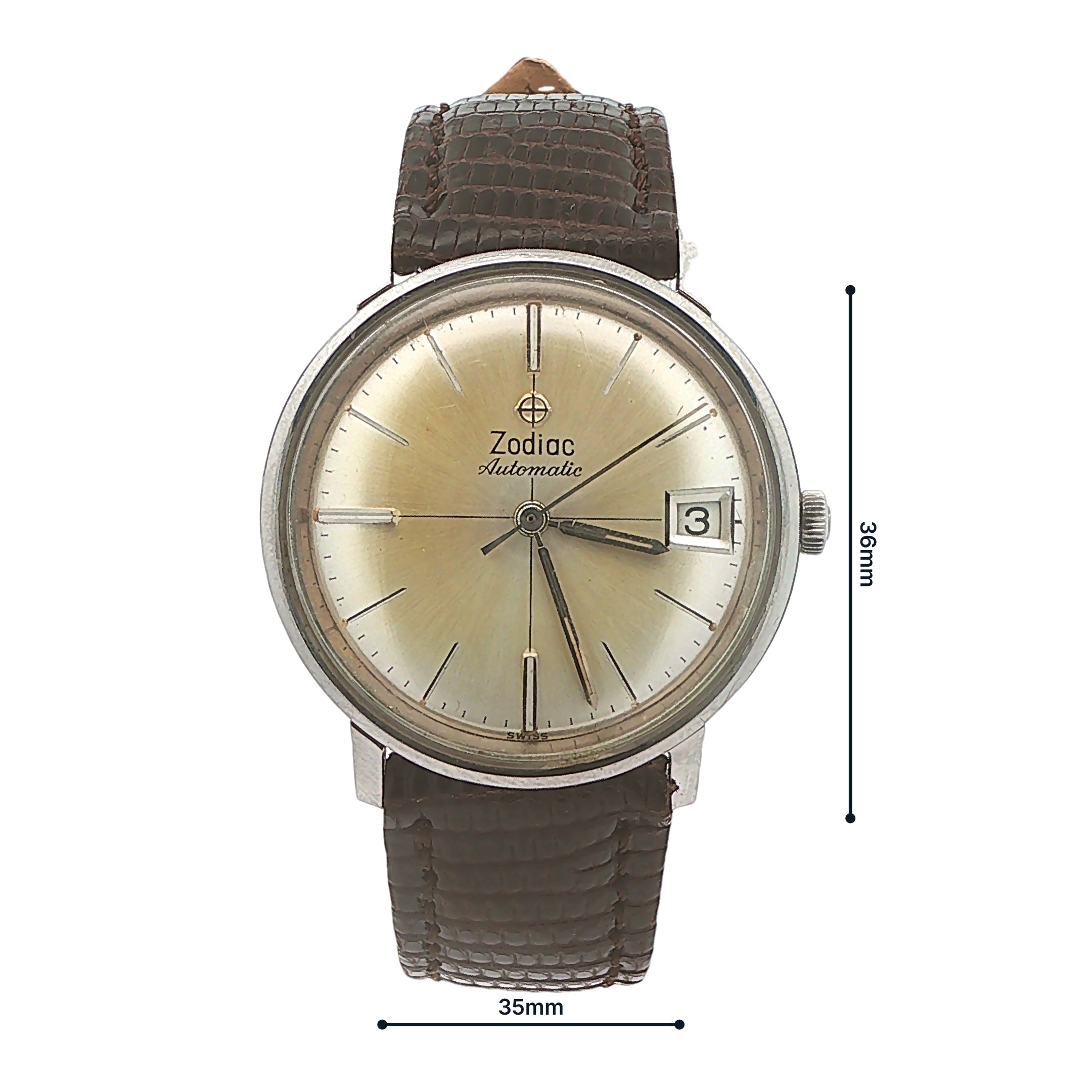 Vintage 1960s-1970s Zodiac Automatic Date Swiss Wristwatch 35mm Champagne Sunburst Dial