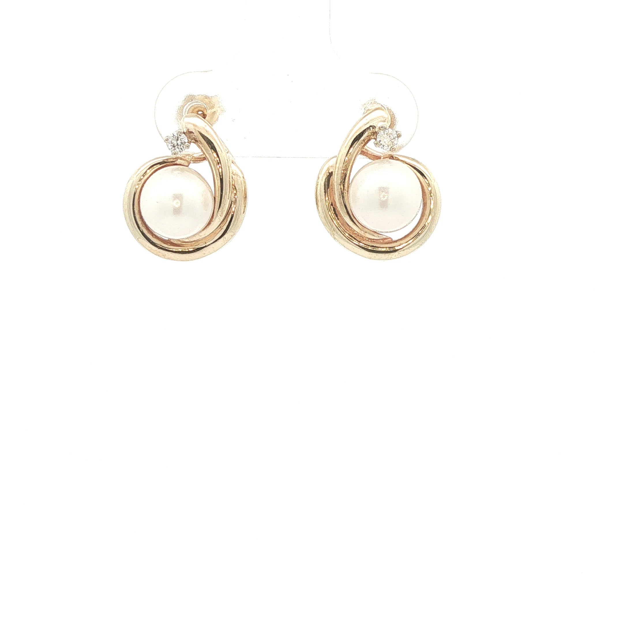 Estate Contemporary 14K Yellow Gold Cultured Pearl and Natural Diamond Accent Earrings