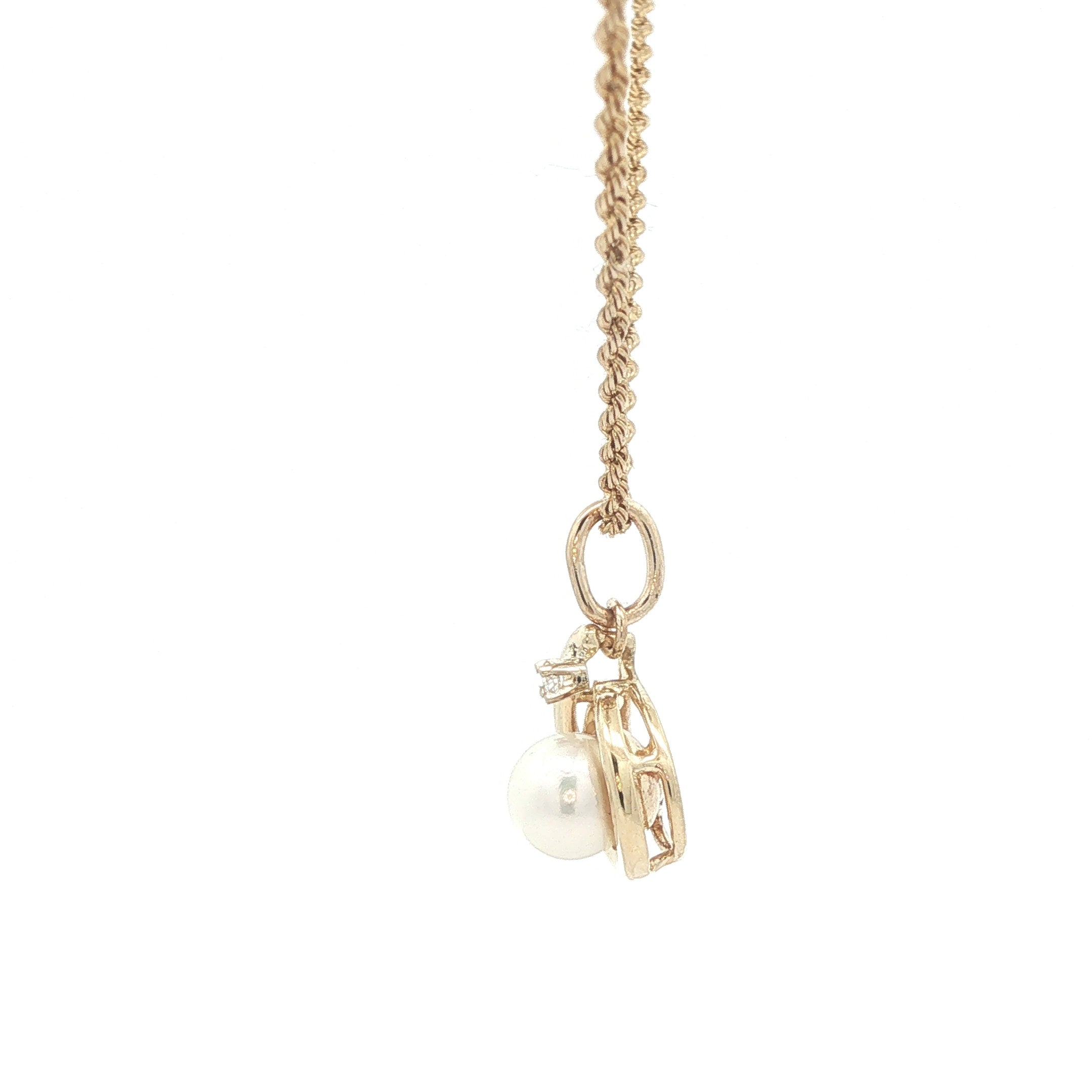 Estate Contemporary 14K Yellow Gold Cultured Pearl and Natural Diamond Accent Pendant