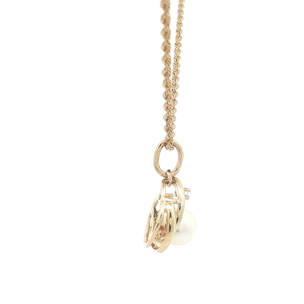 Estate Contemporary 14K Yellow Gold Cultured Pearl and Natural Diamond Accent Pendant
