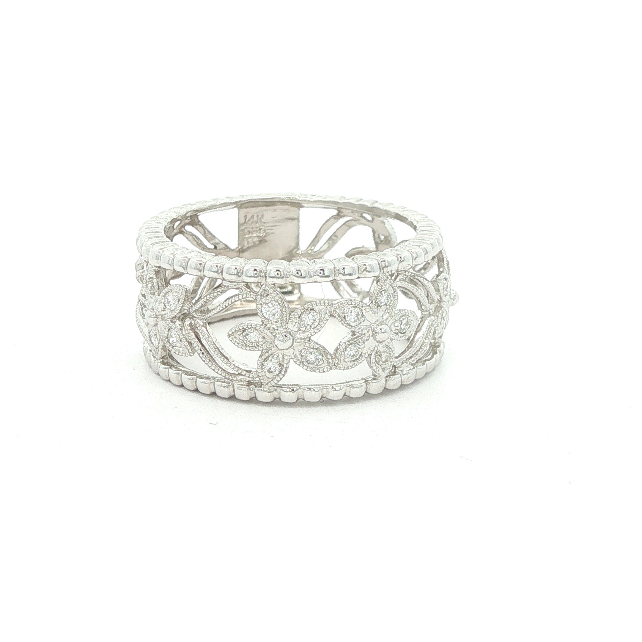 Estate Vintage Inspired 14K White Gold Openwork Floral Diamond Band Ring 1/2 CTW Size 7