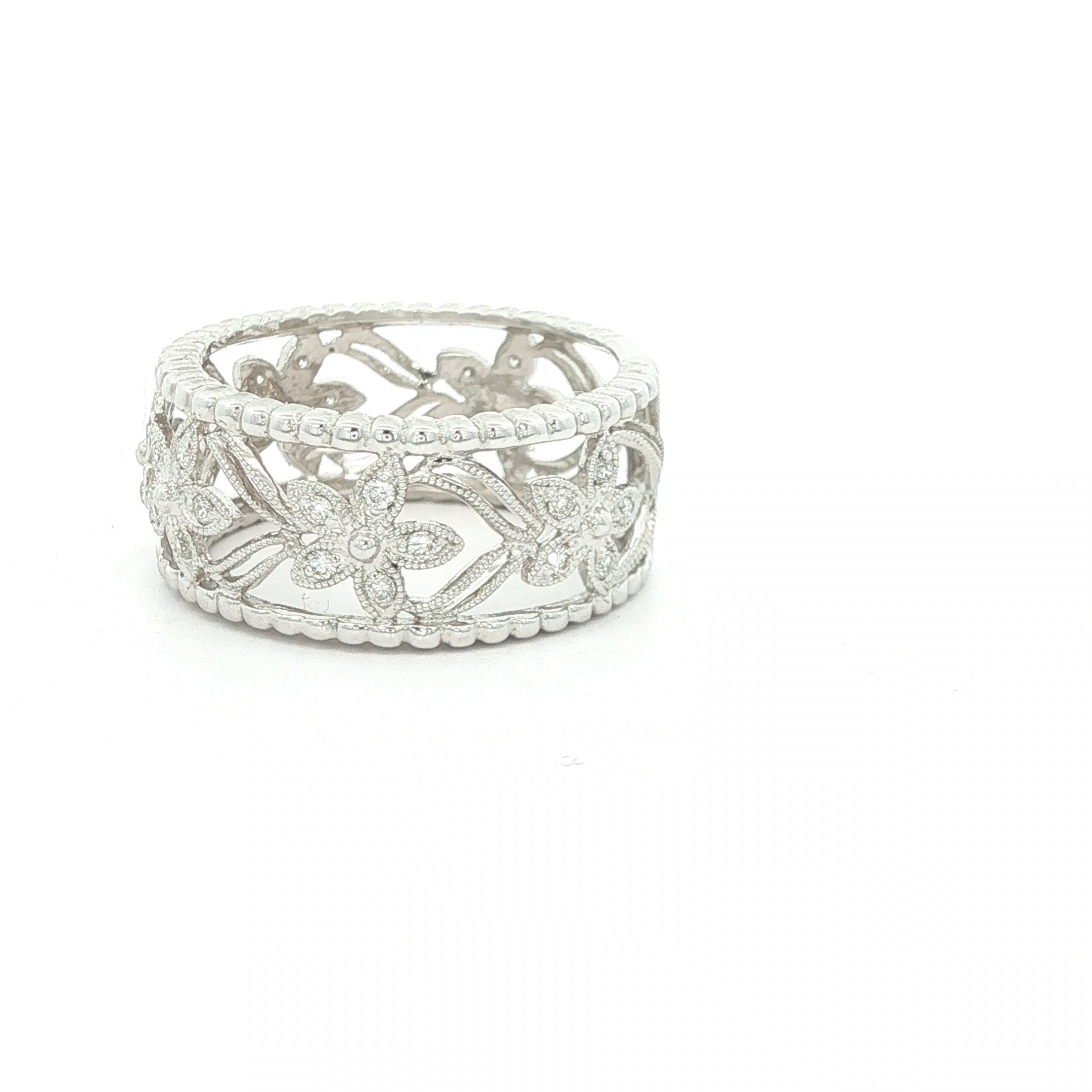 Estate Vintage Inspired 14K White Gold Openwork Floral Diamond Band Ring 1/2 CTW Size 7
