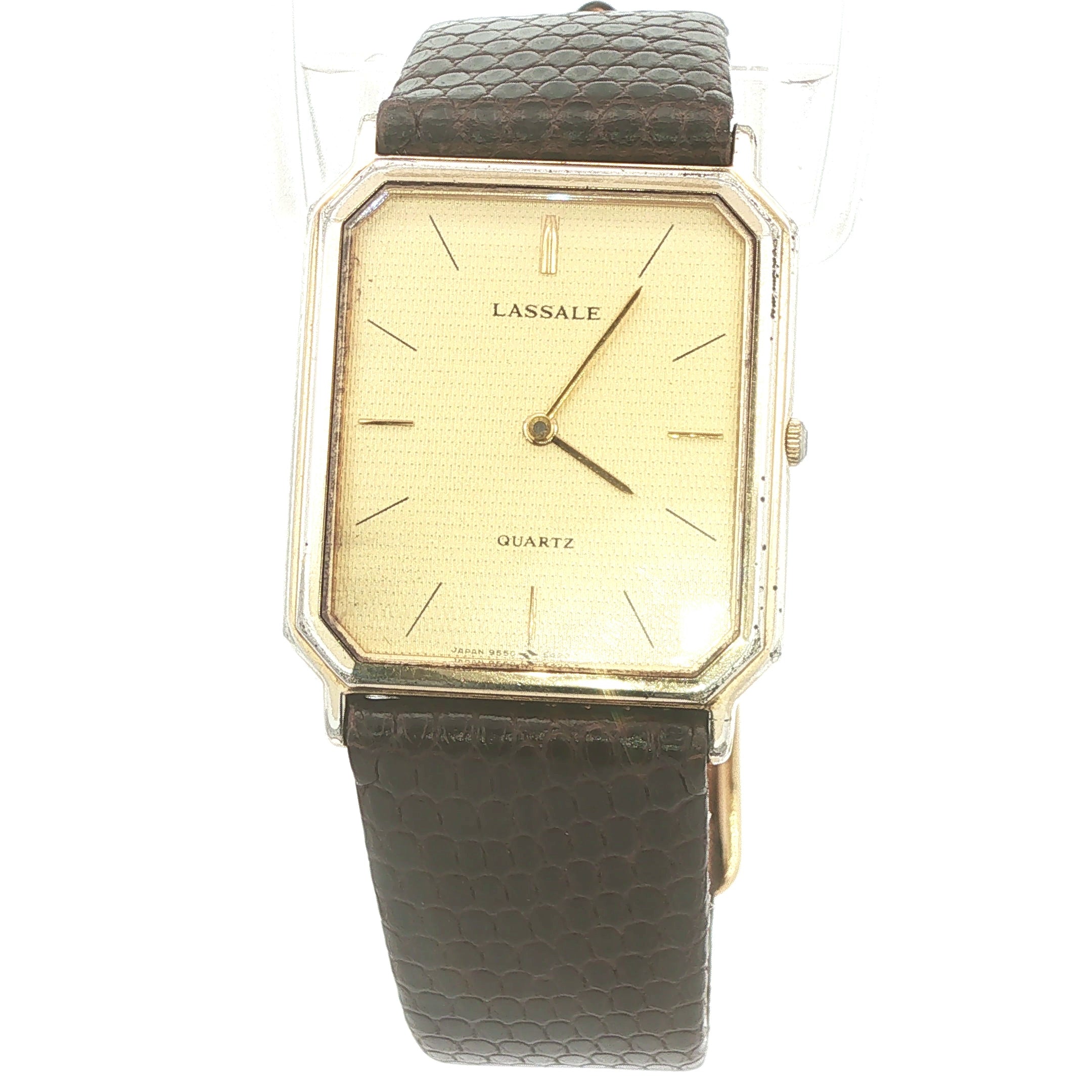Estate Vintage 1980s Lassale Quartz Rectangular Dress Watch Gold Tone Champagne Dial