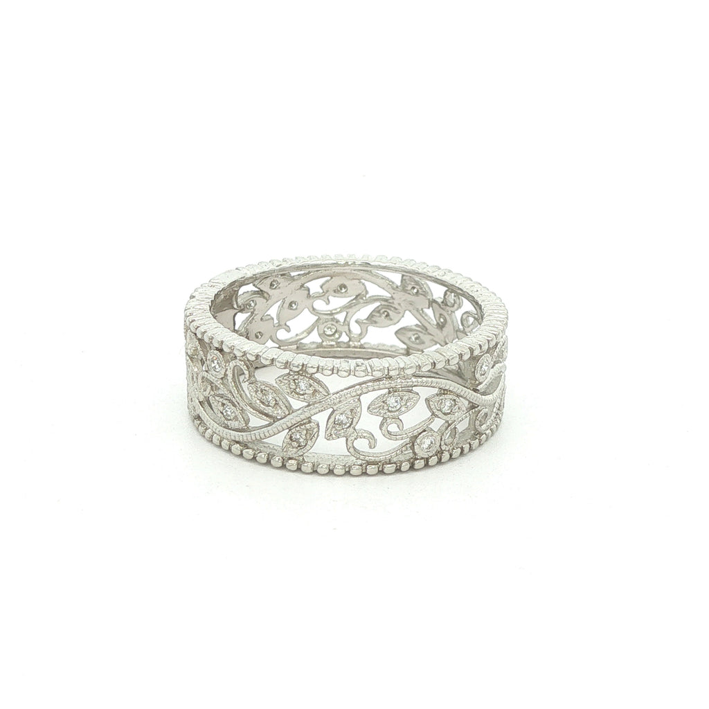 Estate 2000s Vintage Inspired 14K White Gold Openwork Diamond Band Ring 0.10 CTW Size 8.50