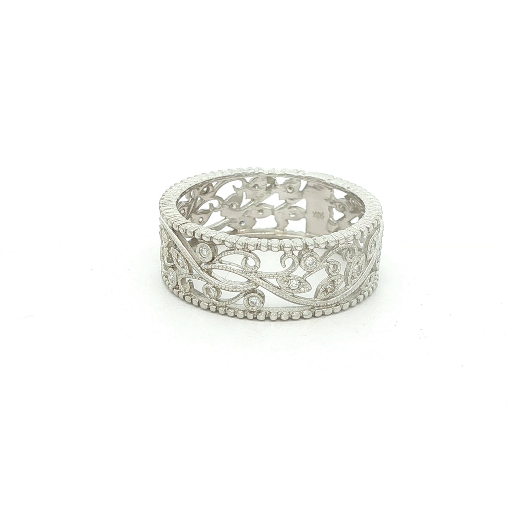 Estate 2000s Vintage Inspired 14K White Gold Openwork Diamond Band Ring 0.10 CTW Size 8.50