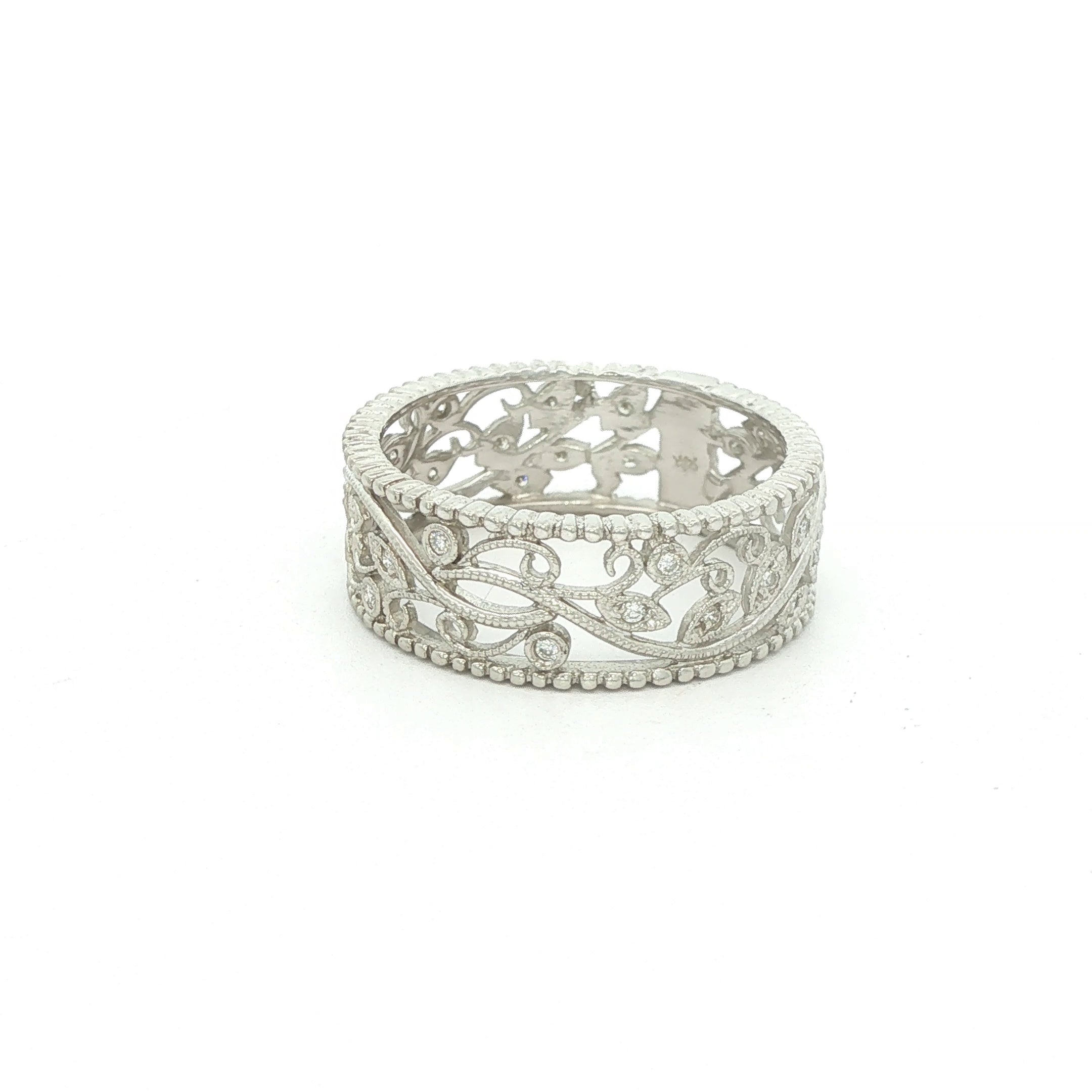 Estate 2000s Vintage Inspired 14K White Gold Openwork Diamond Band Ring 0.10 CTW Size 8.50