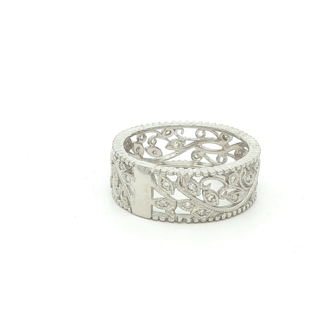 Estate 2000s Vintage Inspired 14K White Gold Openwork Diamond Band Ring 0.10 CTW Size 8.50