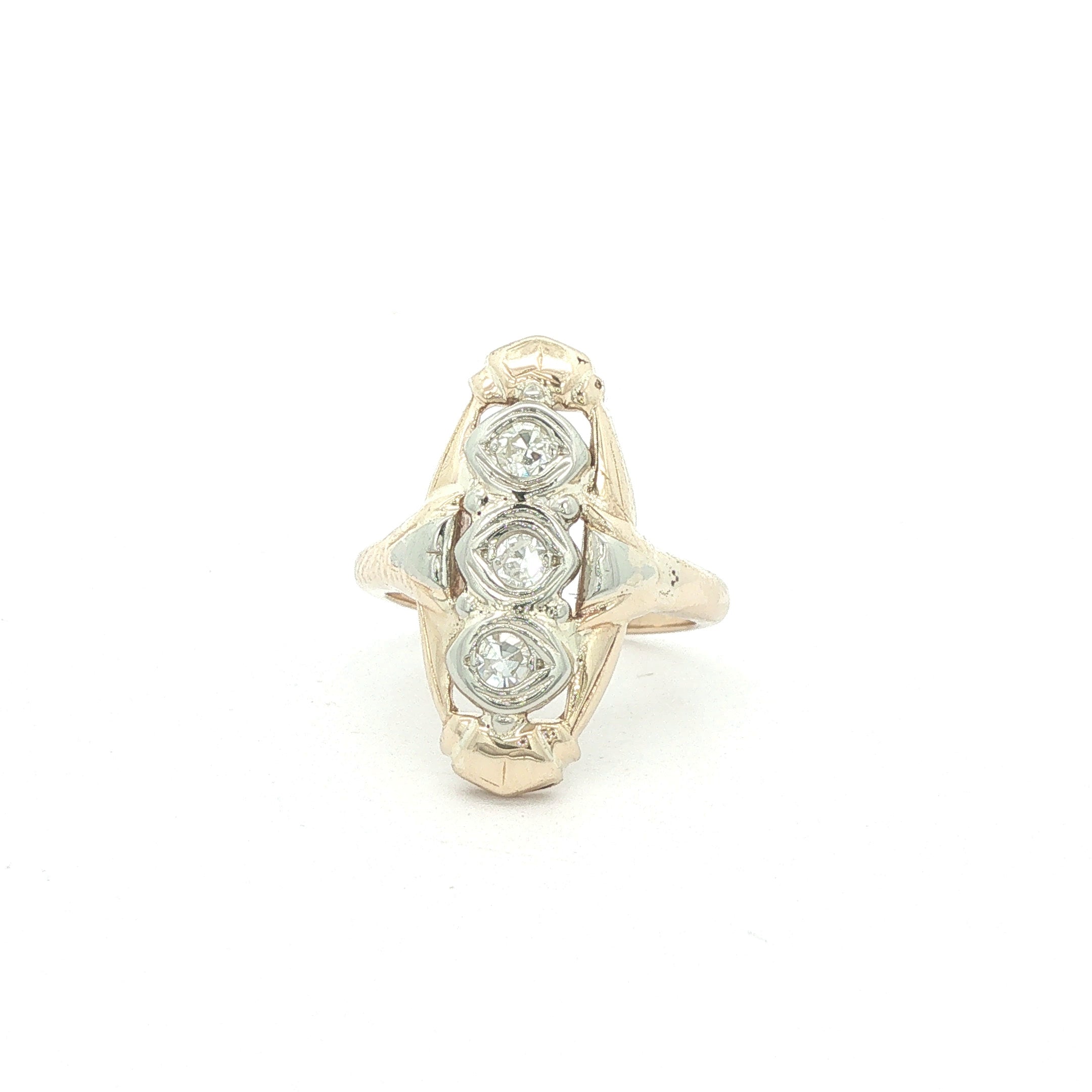 Estate Vintage 1970s 14K Two Tone Three Old Mine Cut Diamond Navette Ring
