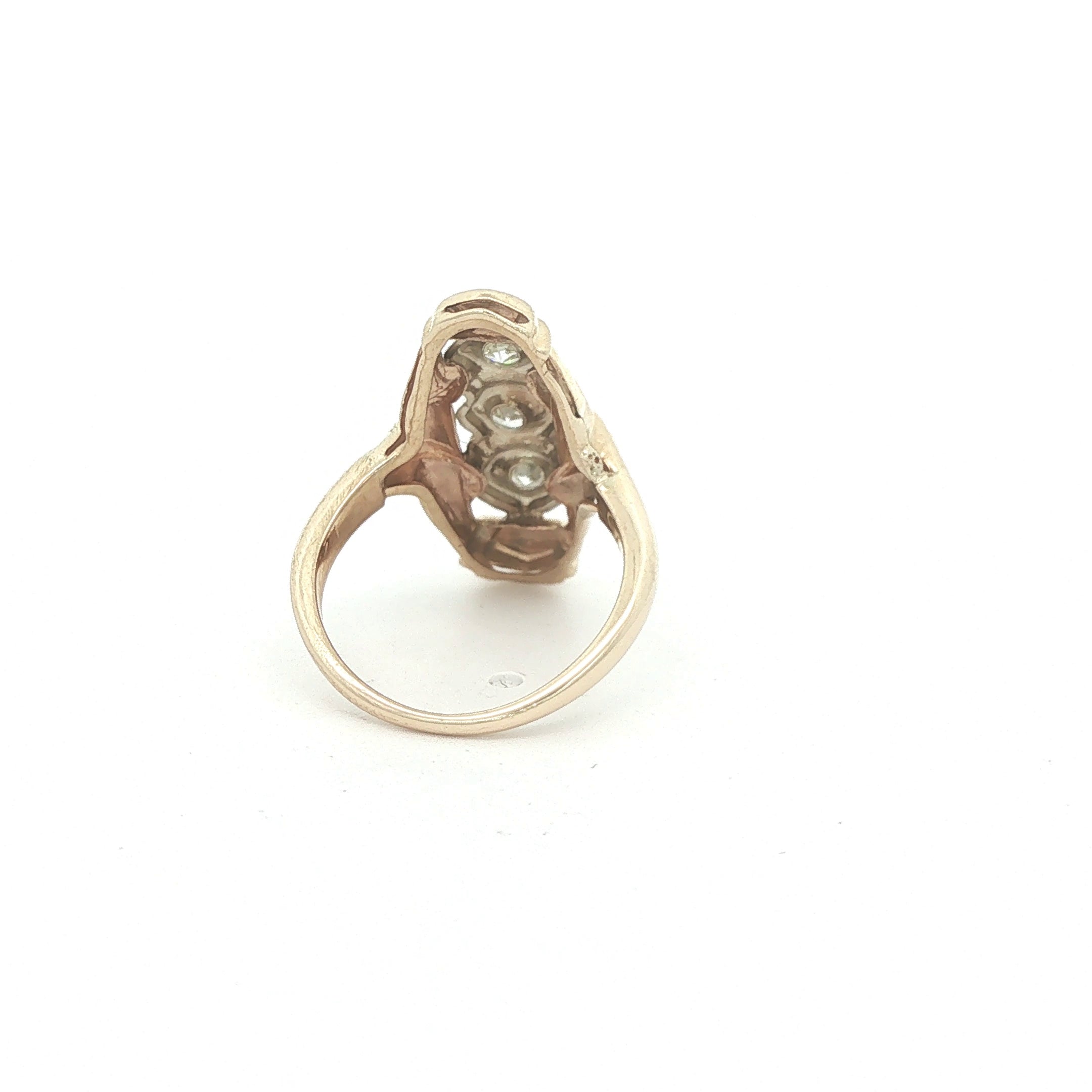 Estate Vintage 1970s 14K Two Tone Three Old Mine Cut Diamond Navette Ring