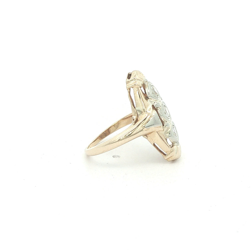 Estate Vintage 1970s 14K Two Tone Three Old Mine Cut Diamond Navette Ring