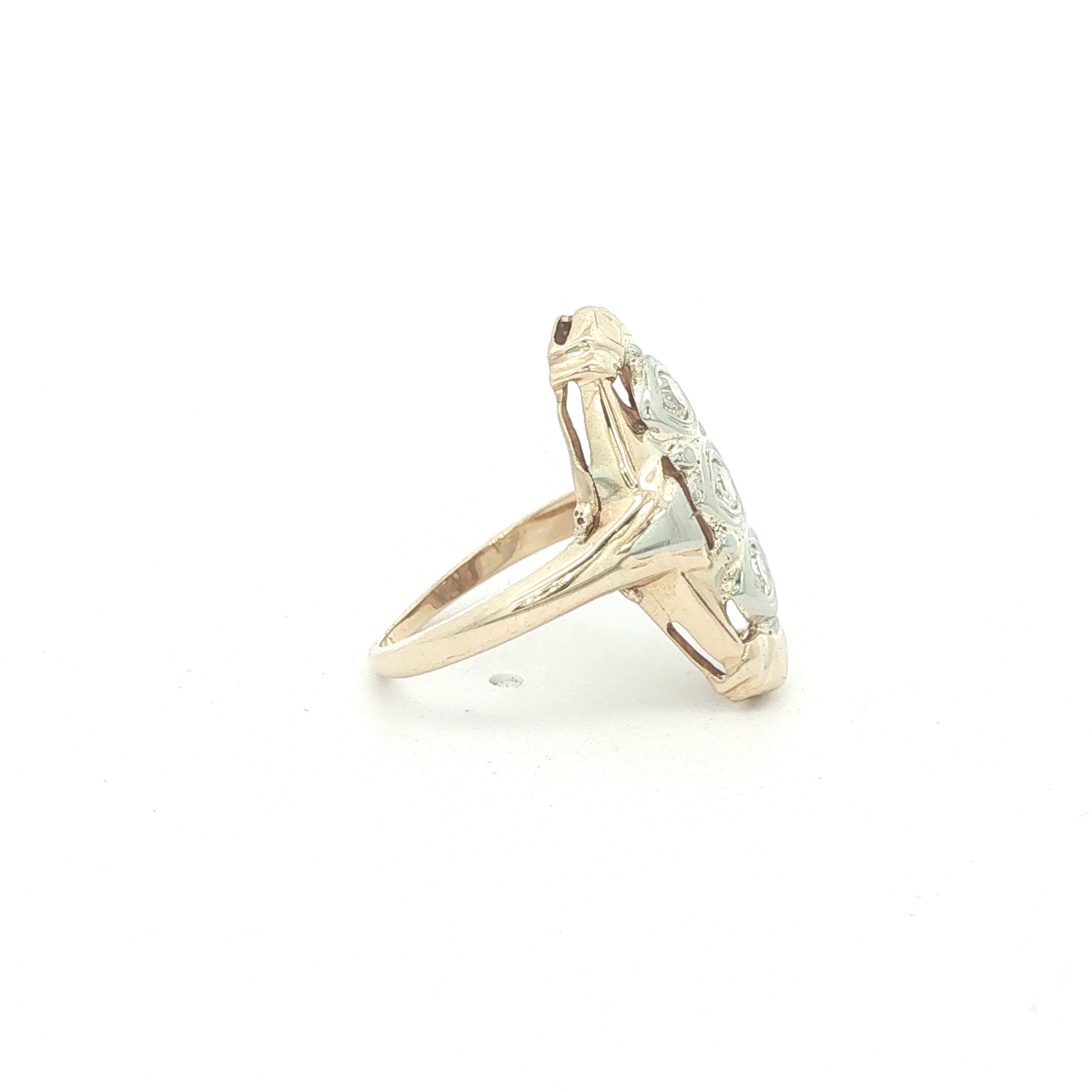 Estate Vintage 1970s 14K Two Tone Three Old Mine Cut Diamond Navette Ring