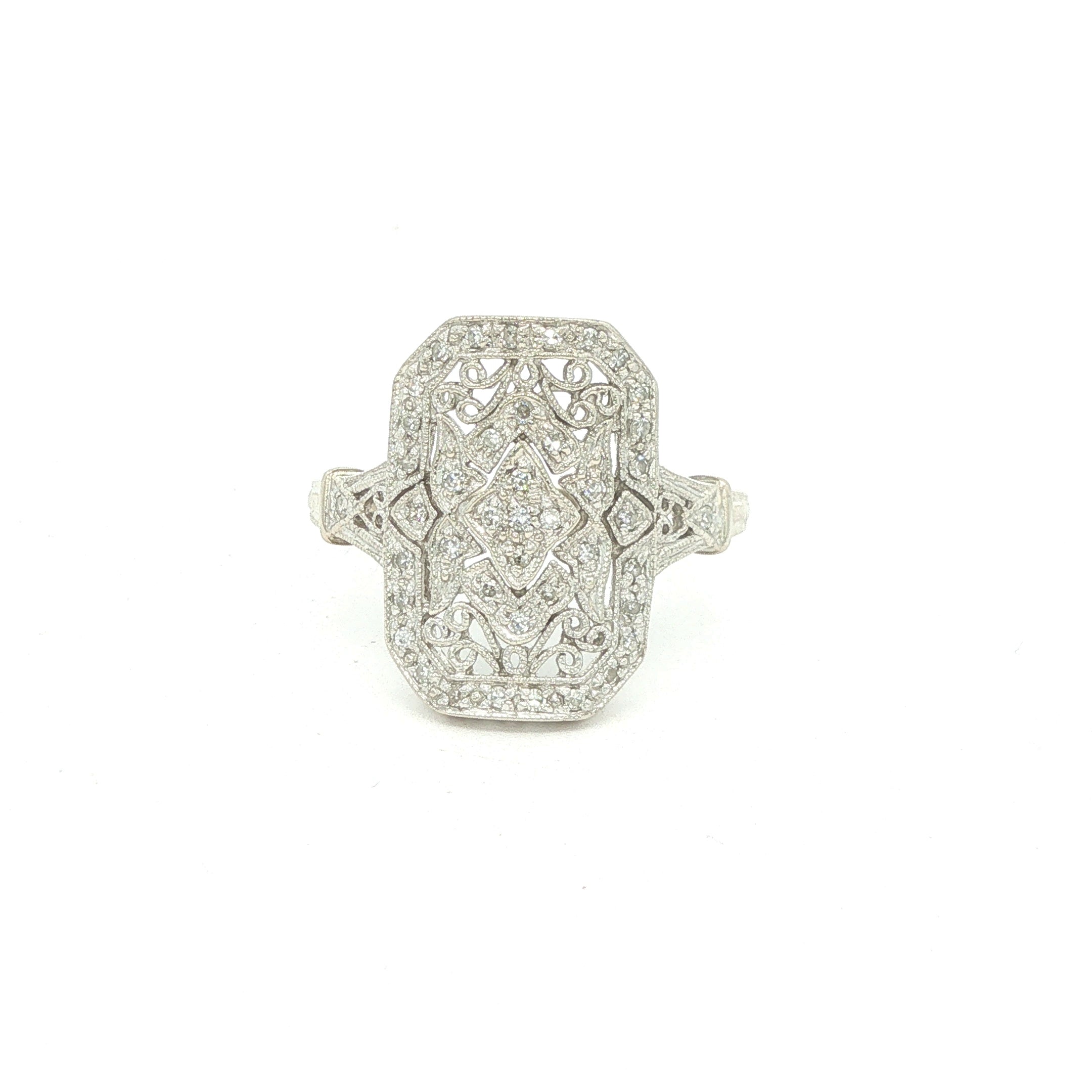 Estate Vintage Circa 1925 Art Deco 14K White Gold Diamond Filigree Plaque Ring Size 10