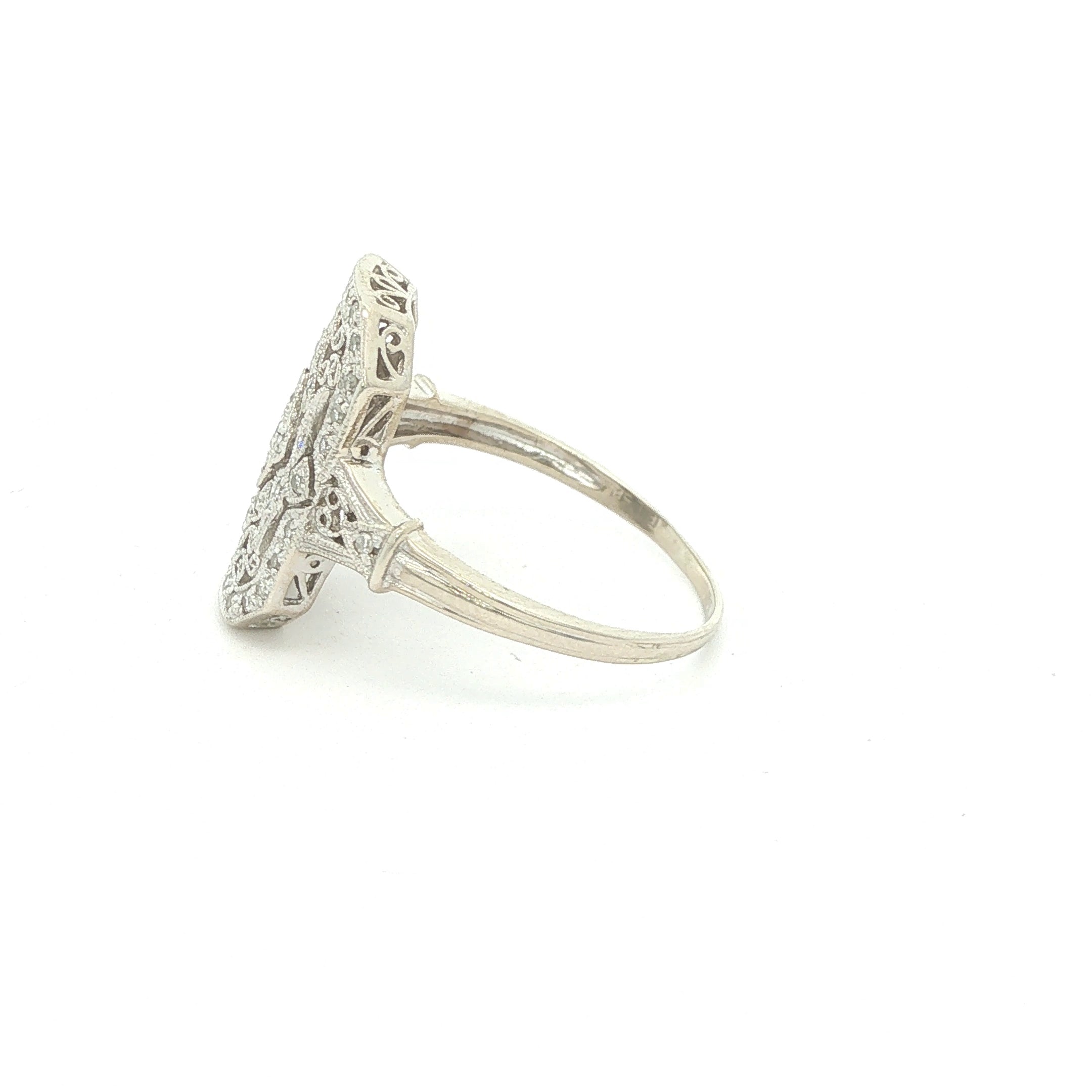 Estate Vintage Circa 1925 Art Deco 14K White Gold Diamond Filigree Plaque Ring Size 10