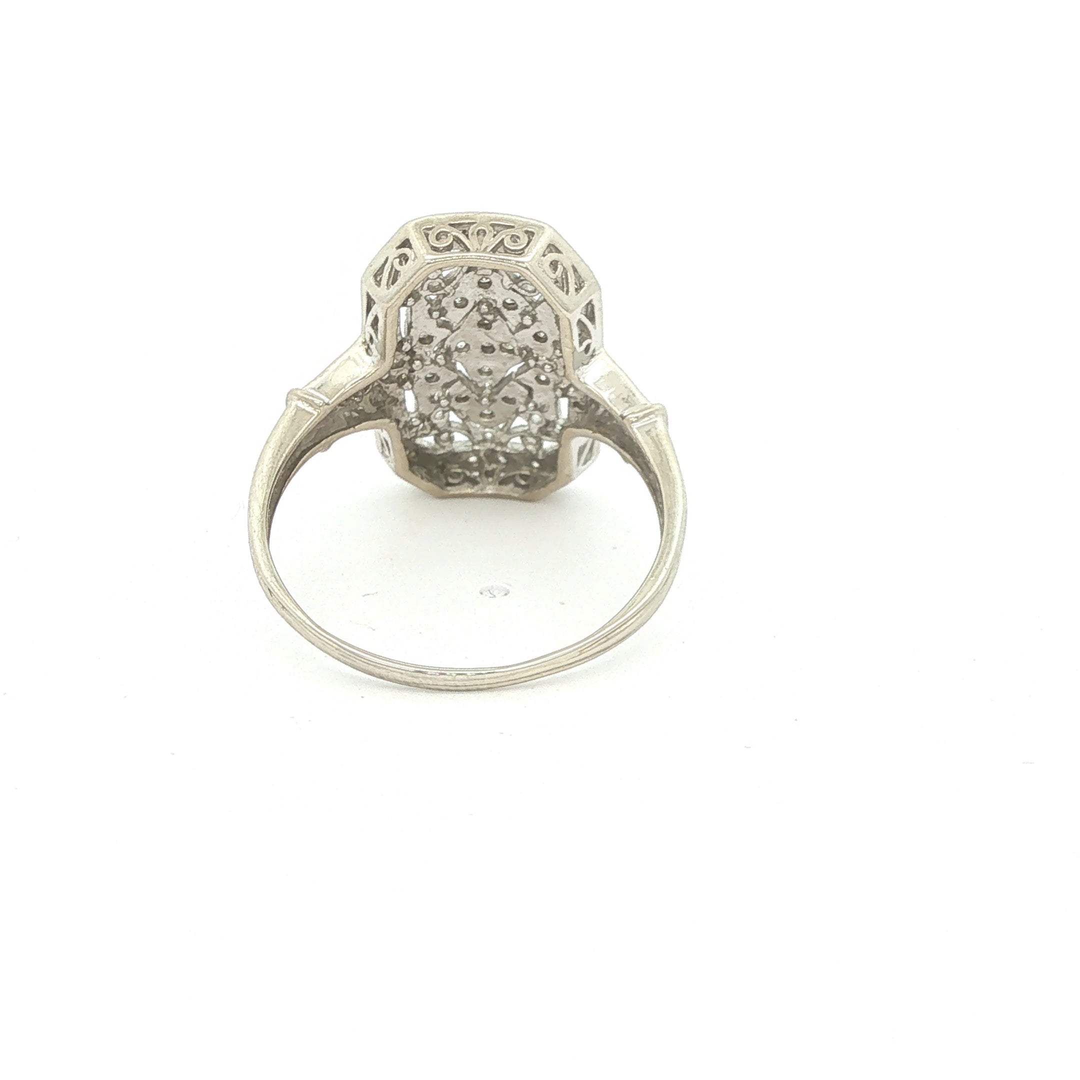 Estate Vintage Circa 1925 Art Deco 14K White Gold Diamond Filigree Plaque Ring Size 10