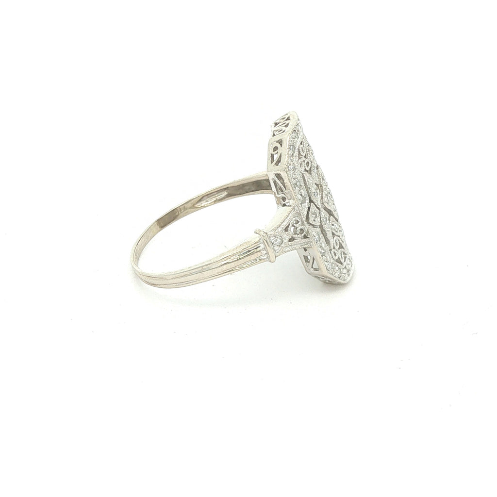 Estate Vintage Circa 1925 Art Deco 14K White Gold Diamond Filigree Plaque Ring Size 10