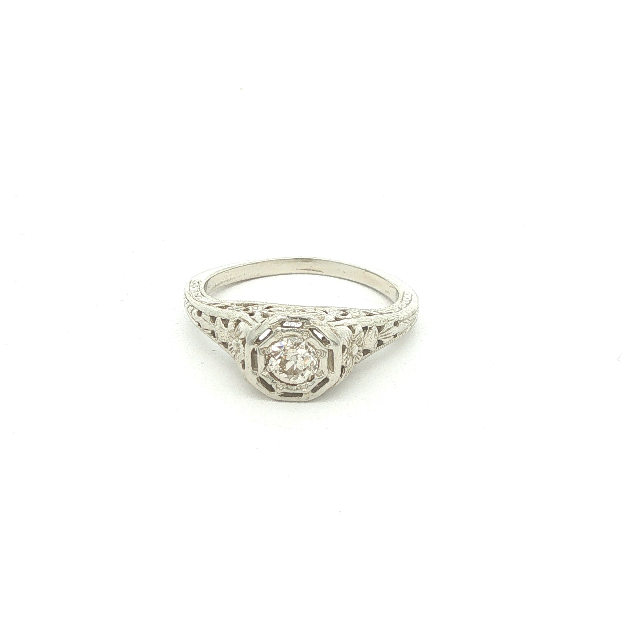 Estate Vintage Circa 1925 14K White Gold Old Mine Cut Diamond Filigree Ring Size 5