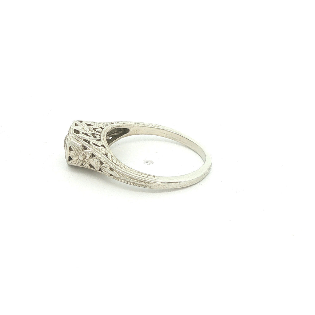Estate Vintage Circa 1925 14K White Gold Old Mine Cut Diamond Filigree Ring Size 5