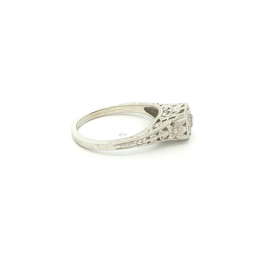 Estate Vintage Circa 1925 14K White Gold Old Mine Cut Diamond Filigree Ring Size 5