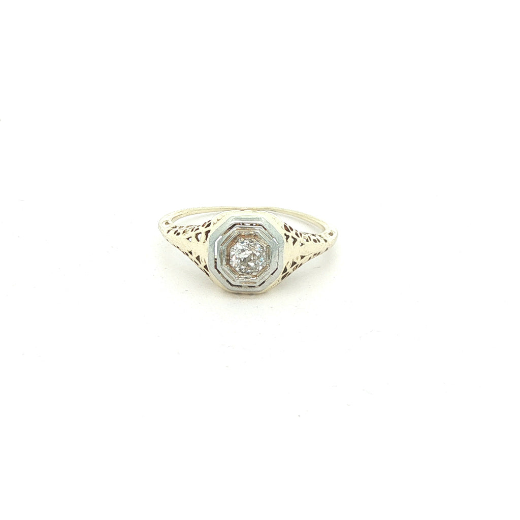 Estate Vintage Circa 1925 14K White Gold Old Mine Cut Diamond Filigree Ring 1/5 CTW Size 5