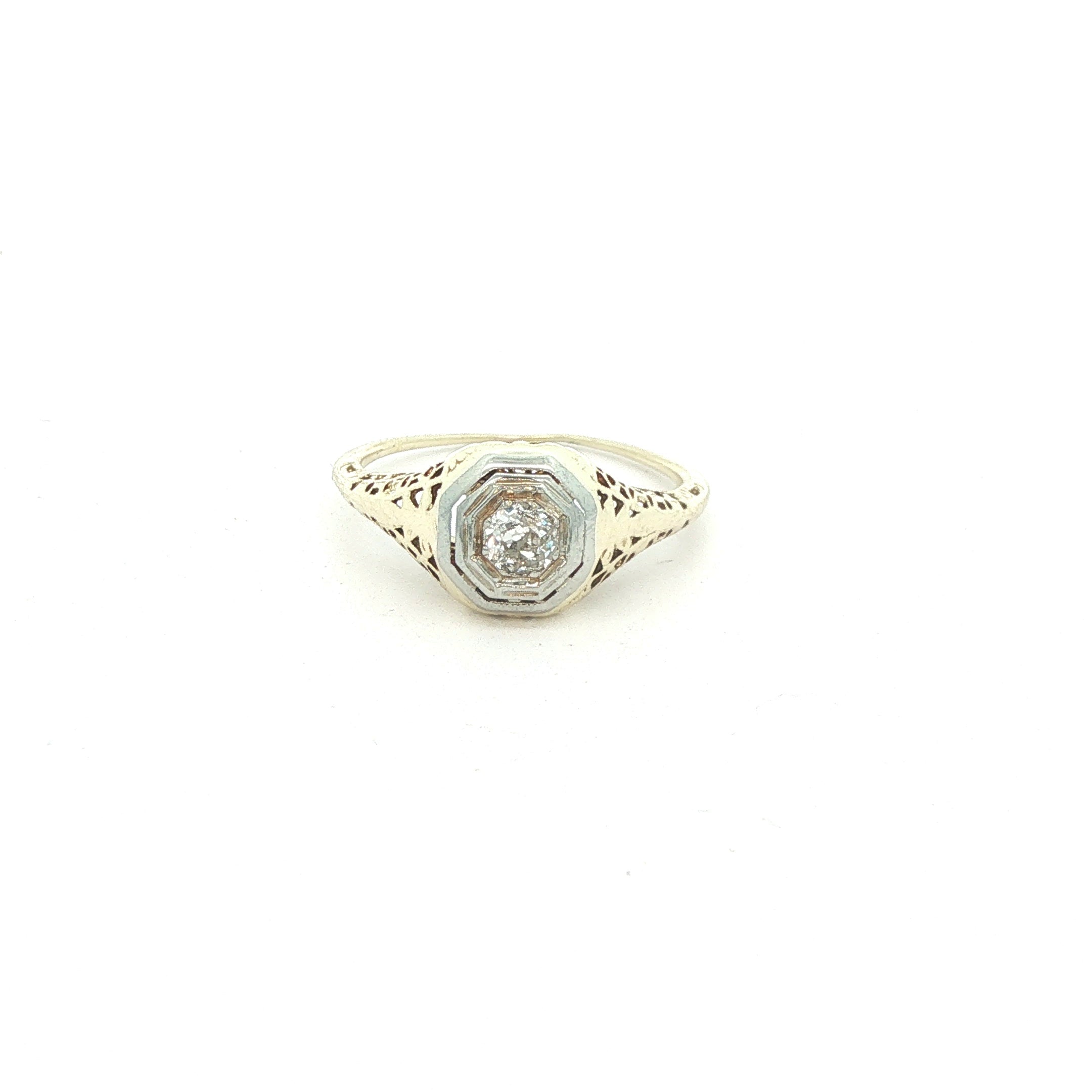 Estate Vintage Circa 1925 14K White Gold Old Mine Cut Diamond Filigree Ring 1/5 CTW Size 5