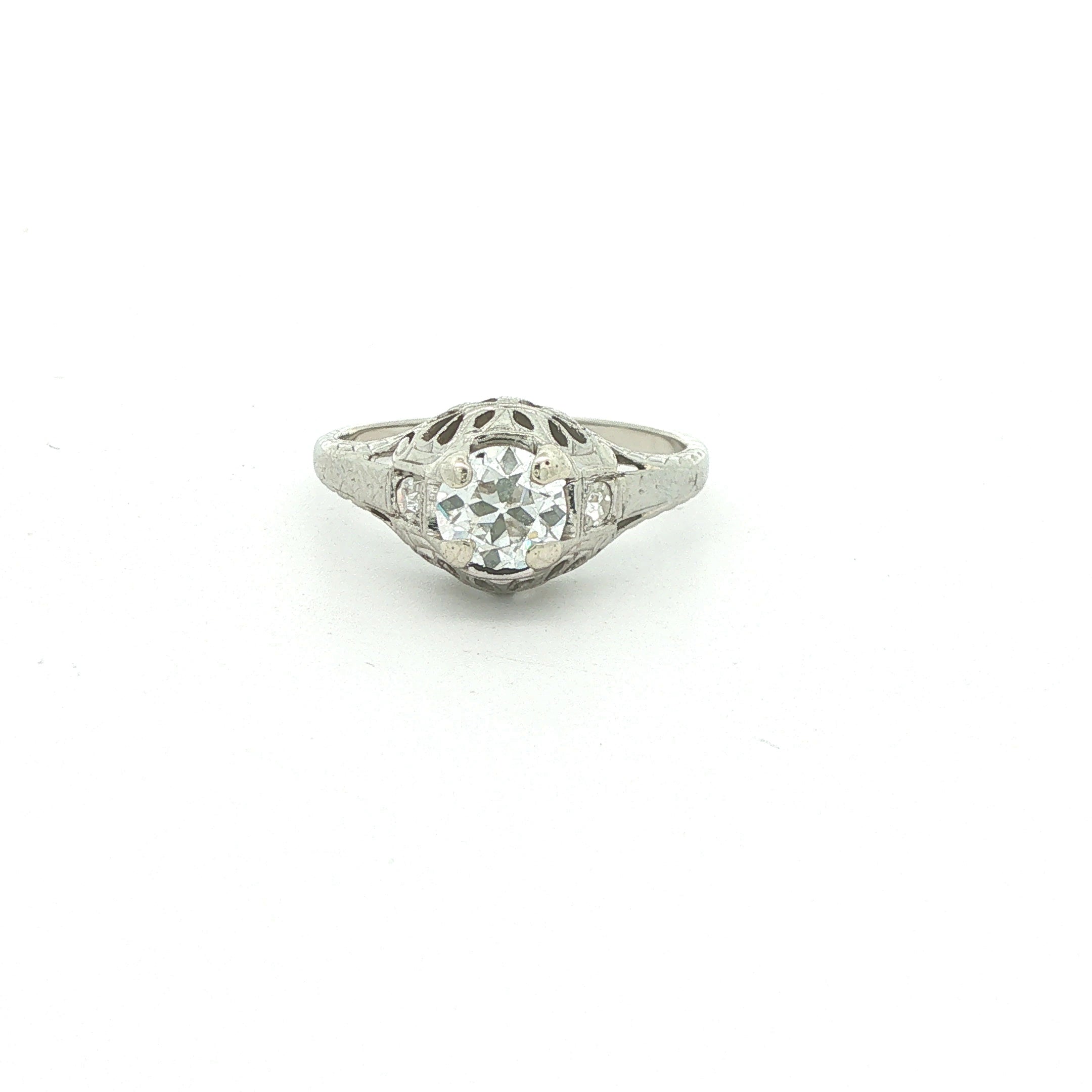 Estate Circa 1920s 18K White Gold Mine Cut Diamond Filigree Ring Size 5.25