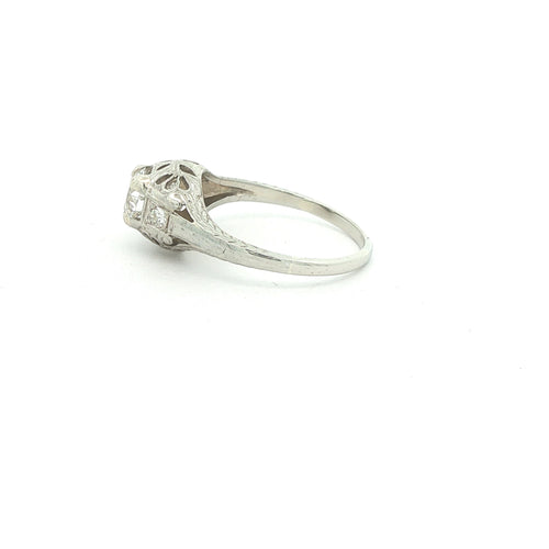 Estate Circa 1920s 18K White Gold Mine Cut Diamond Filigree Ring Size 5.25