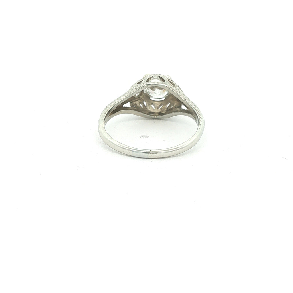 Estate Circa 1920s 18K White Gold Mine Cut Diamond Filigree Ring Size 5.25