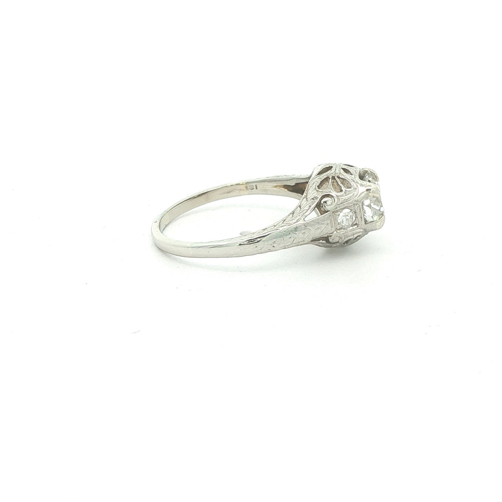 Estate Circa 1920s 18K White Gold Mine Cut Diamond Filigree Ring Size 5.25