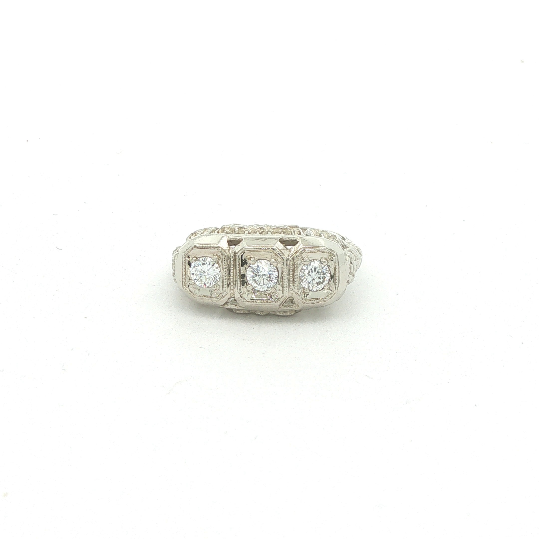 Estate Vintage Approx. 1/2 CTW Natural Diamond Three-Stone Filigree Ring