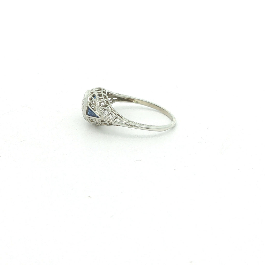 Estate 18K White Gold Art Deco Natural Diamond & Sapphire Filigree Ring Size 4.5 | c. 1920s–1930s