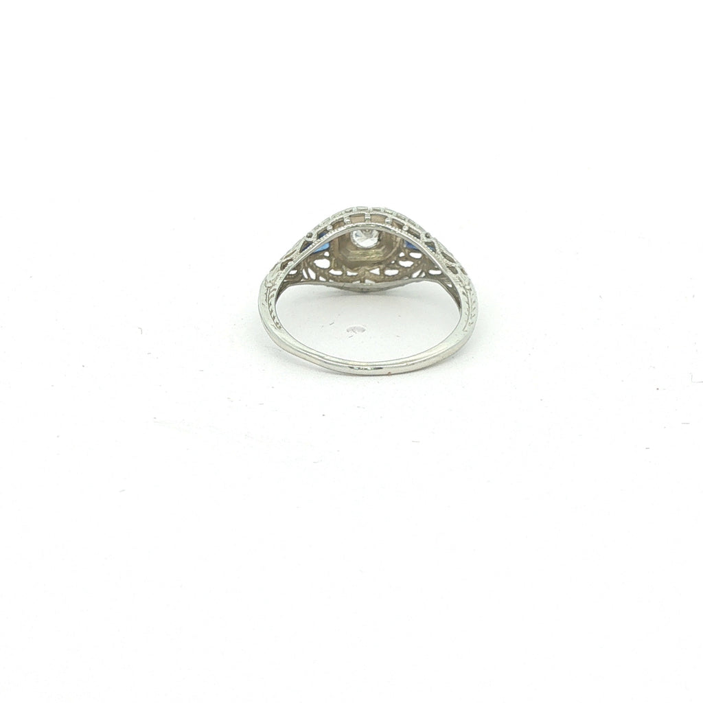 Estate 18K White Gold Art Deco Natural Diamond & Sapphire Filigree Ring Size 4.5 | c. 1920s–1930s