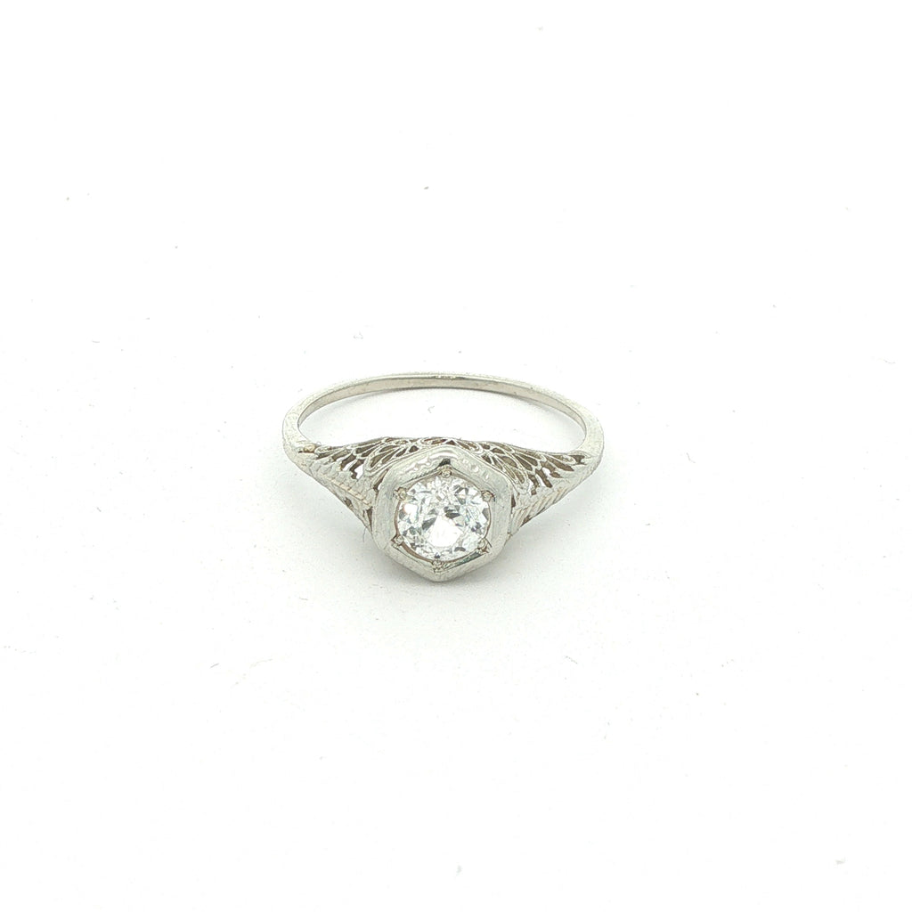 Estate c. 1920s–1930s 18K White Gold Clear Sapphire Filigree Ring Size 9.5