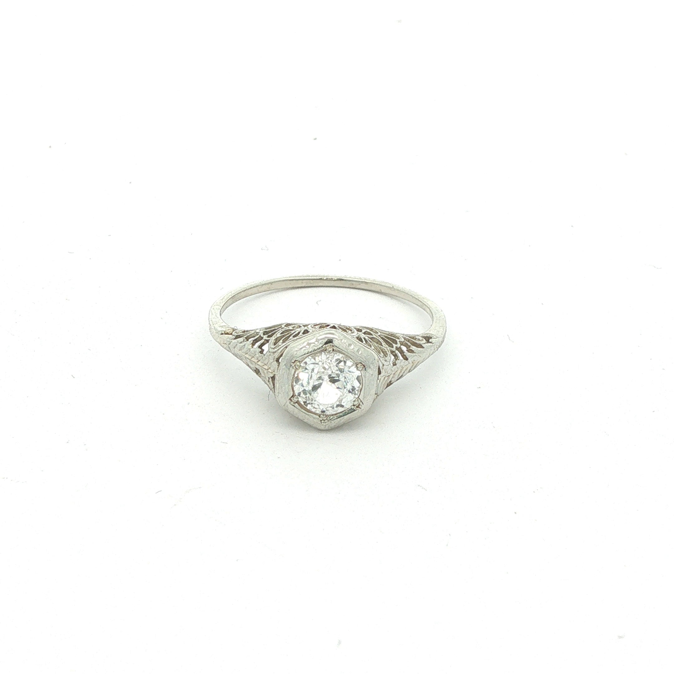 Estate c. 1920s–1930s 18K White Gold Clear Sapphire Filigree Ring Size 9.5
