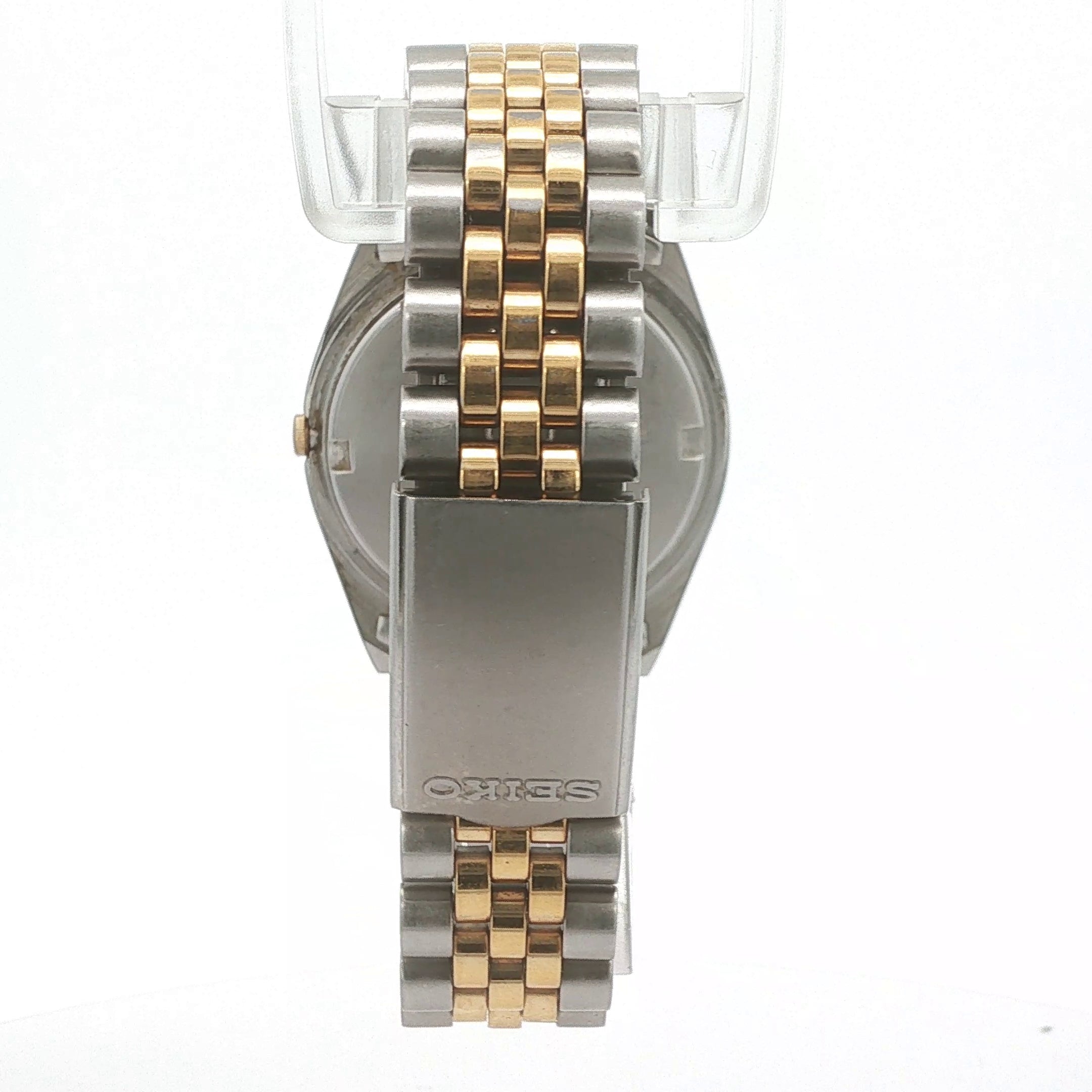 Estate Vintage Seiko Quartz Day-Date Watch 38mm Two-Tone Silver Dial Gold Bezel
