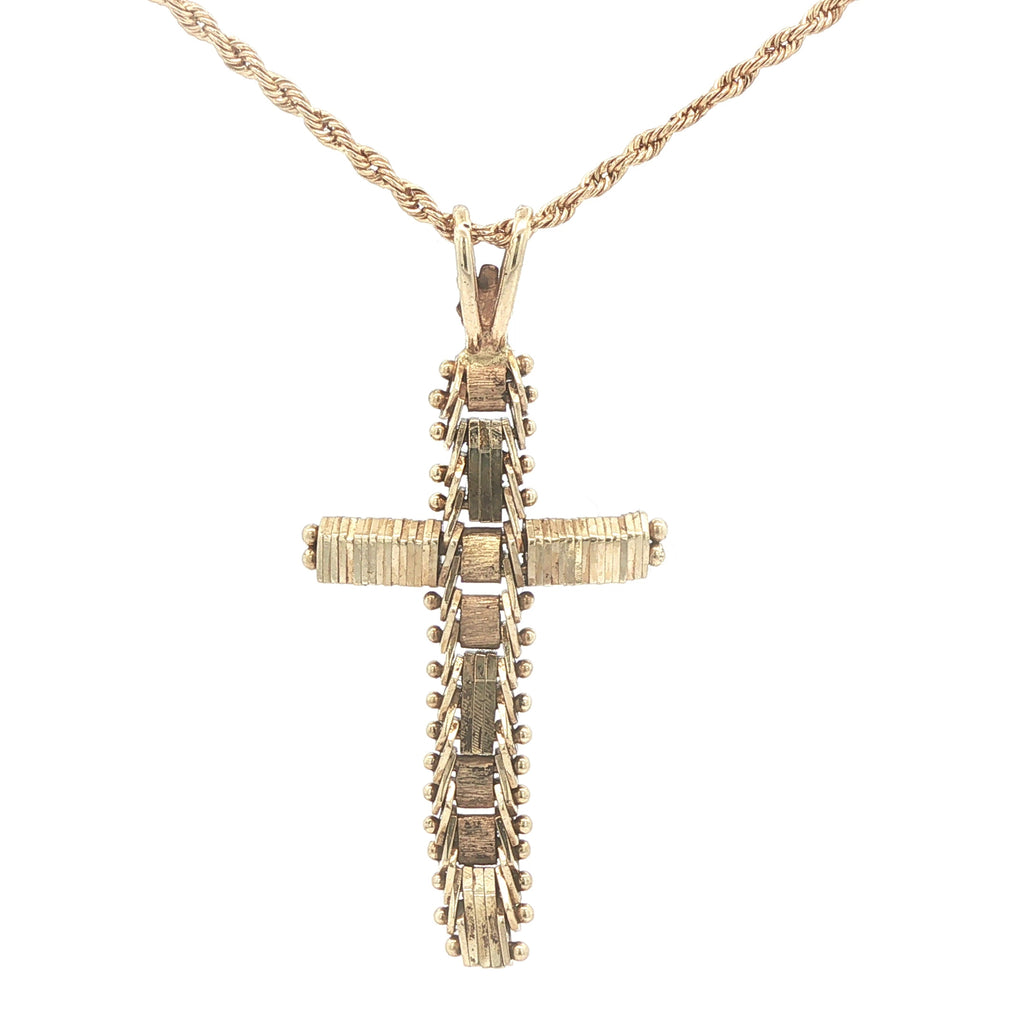 Estate 14K Yellow Gold c. 1970s–1980s Textured Cross Pendant 39mm Vintage Religious Charm
