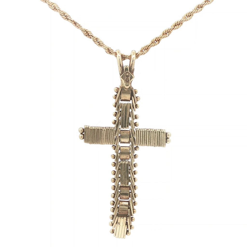 Estate 14K Yellow Gold c. 1970s–1980s Textured Cross Pendant 39mm Vintage Religious Charm