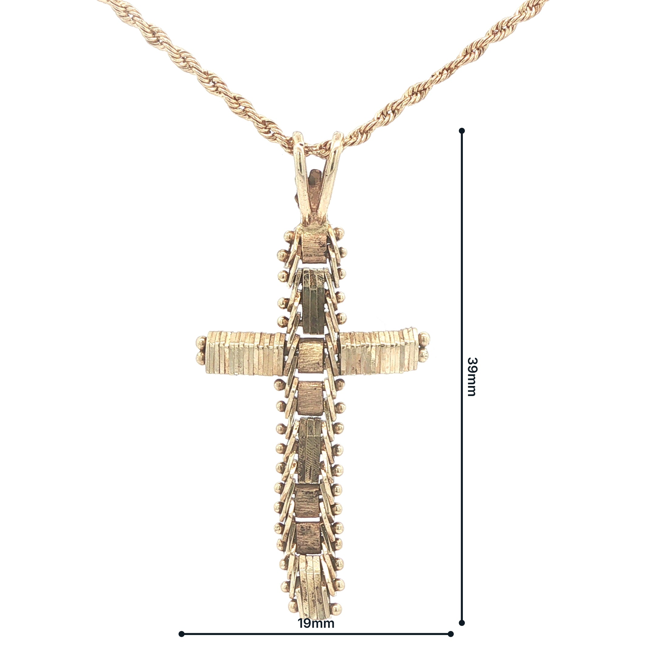 Estate 14K Yellow Gold c. 1970s–1980s Textured Cross Pendant 39mm Vintage Religious Charm