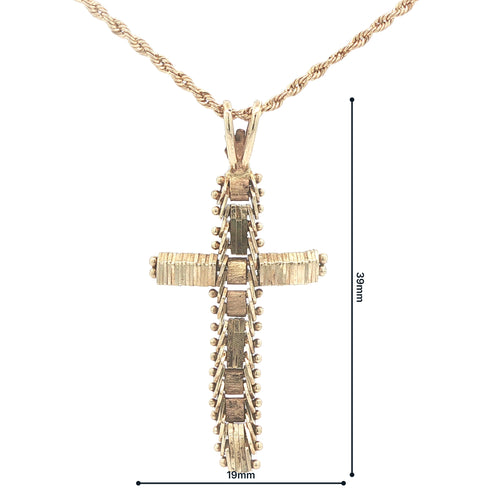 Estate 14K Yellow Gold c. 1970s–1980s Textured Cross Pendant 39mm Vintage Religious Charm