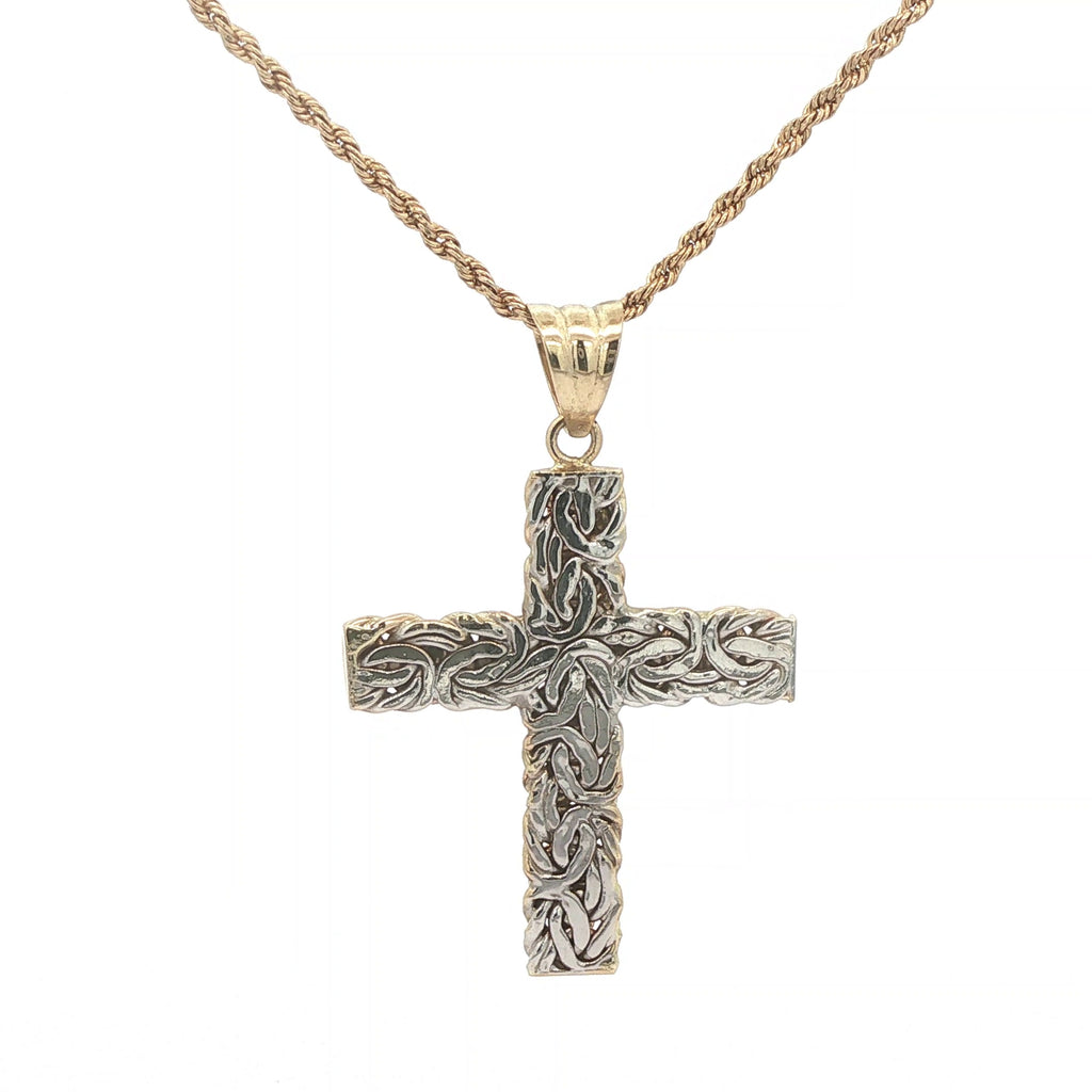 Estate 14K Two-Tone Gold Vintage Openwork Cross Pendant c. 1980s Yellow & White Gold 39mm