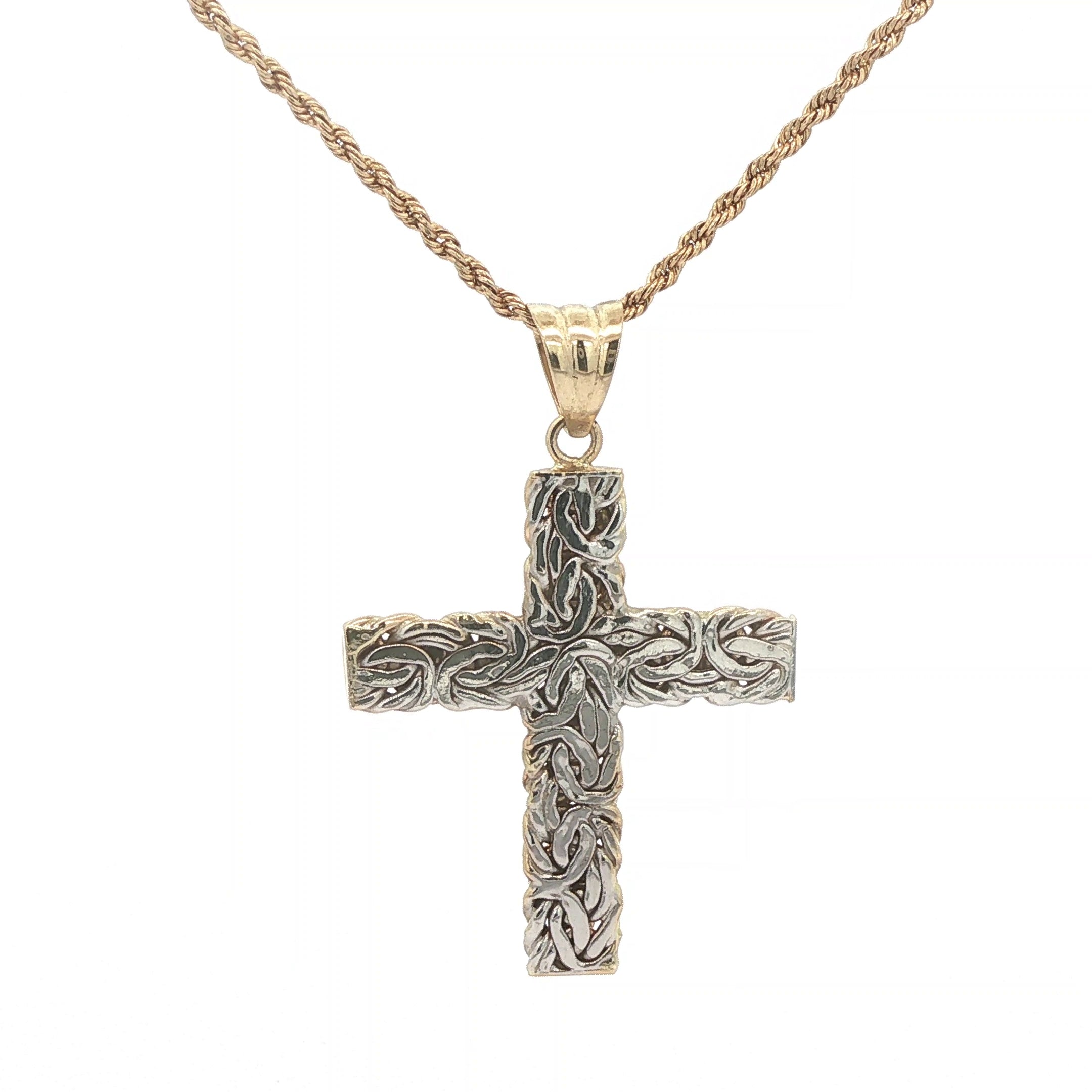 Estate 14K Two-Tone Gold Vintage Openwork Cross Pendant c. 1980s Yellow & White Gold 39mm