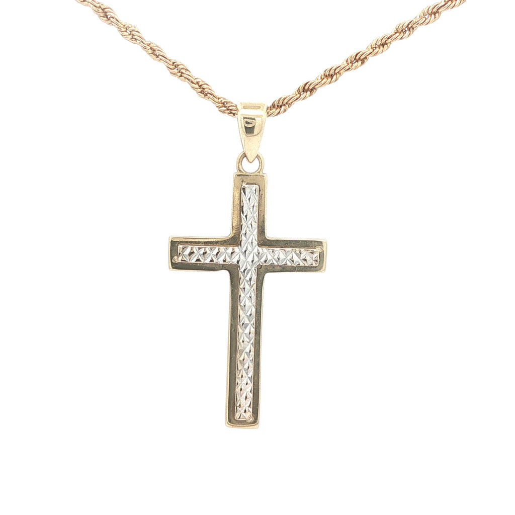 Estate 14K Yellow & White Gold Cross Pendant 30mm