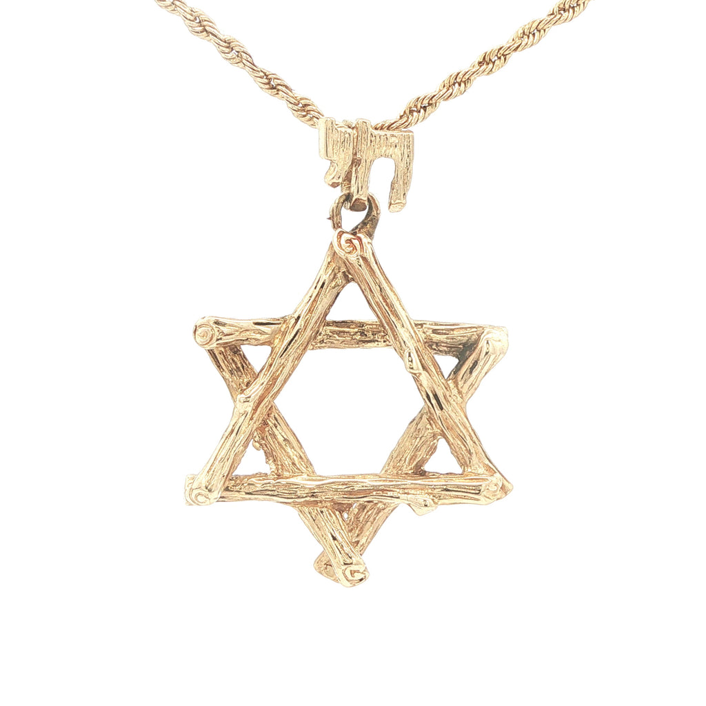 Estate Late 20th Century 14K Yellow Gold Star of David Pendant Textured Openwork 29mm